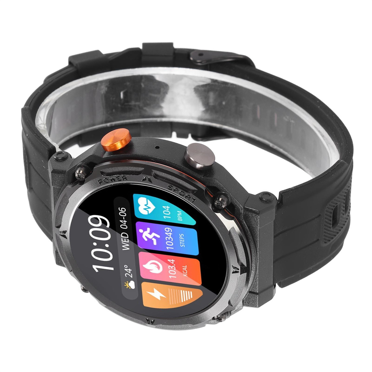 Eine schwarze Smartwatch zeigt Zeit, Wetter und Fitnessdaten an. Sie hat ein schwarzes Armband und eine orangefarbene Taste.