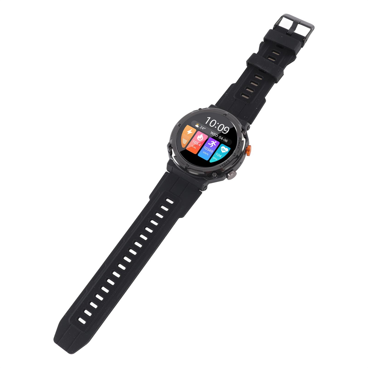 Schwarze Smartwatch, die Zeit und Aktivitätsmetriken anzeigt, auf weißer Oberfläche.
