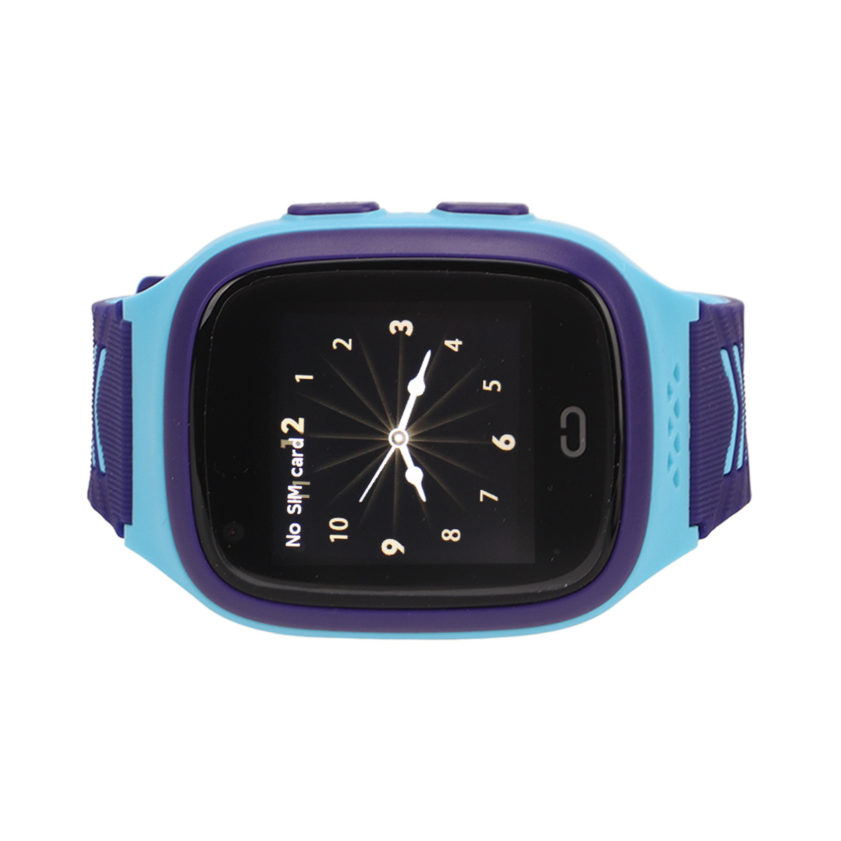 Blaue und lila Smartwatch mit schwarzem Bildschirm. Text: Keine SIM-Karte.