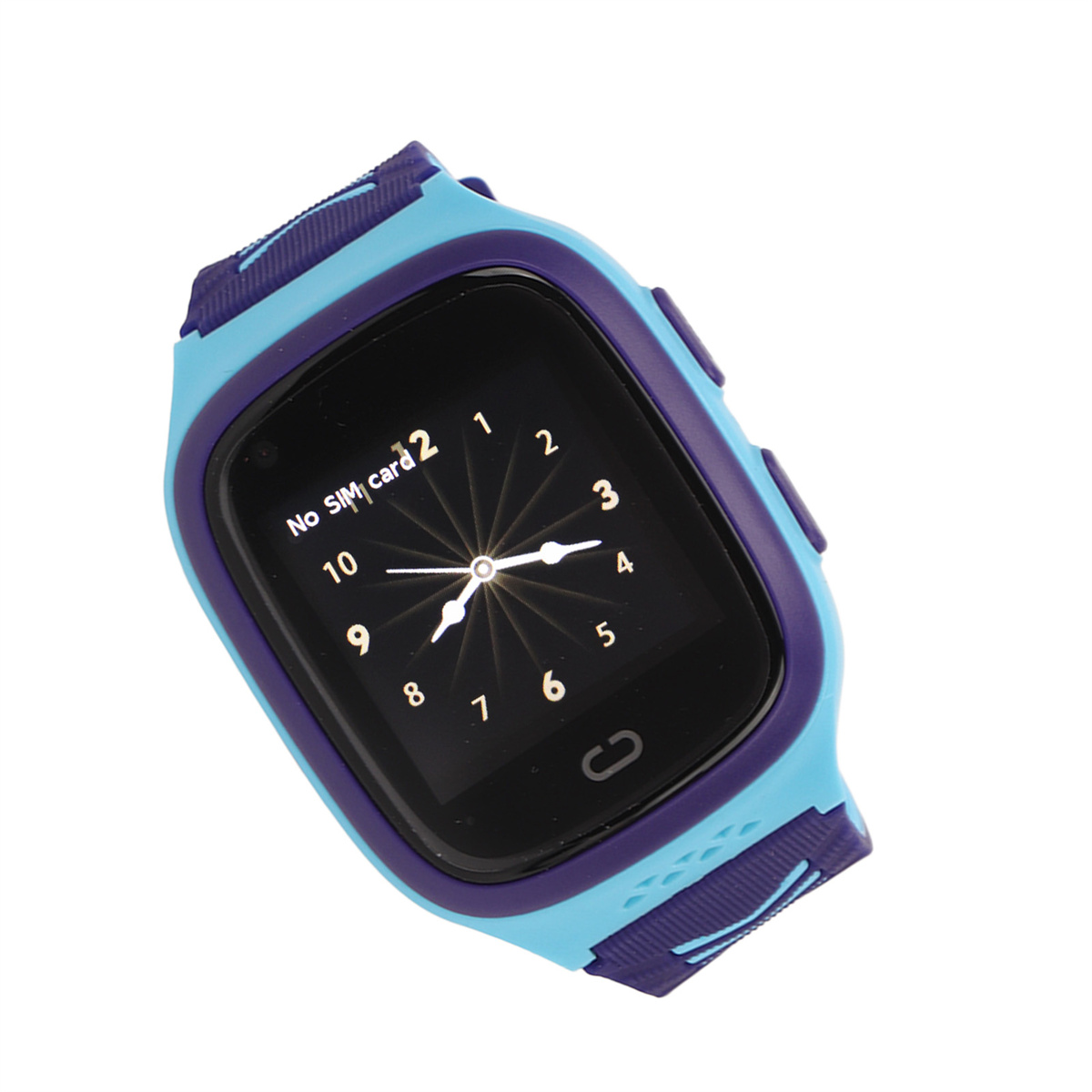 Eine blau-violette Smartwatch mit schwarzem Bildschirm, der eine Uhr anzeigt, auf weißem Hintergrund.