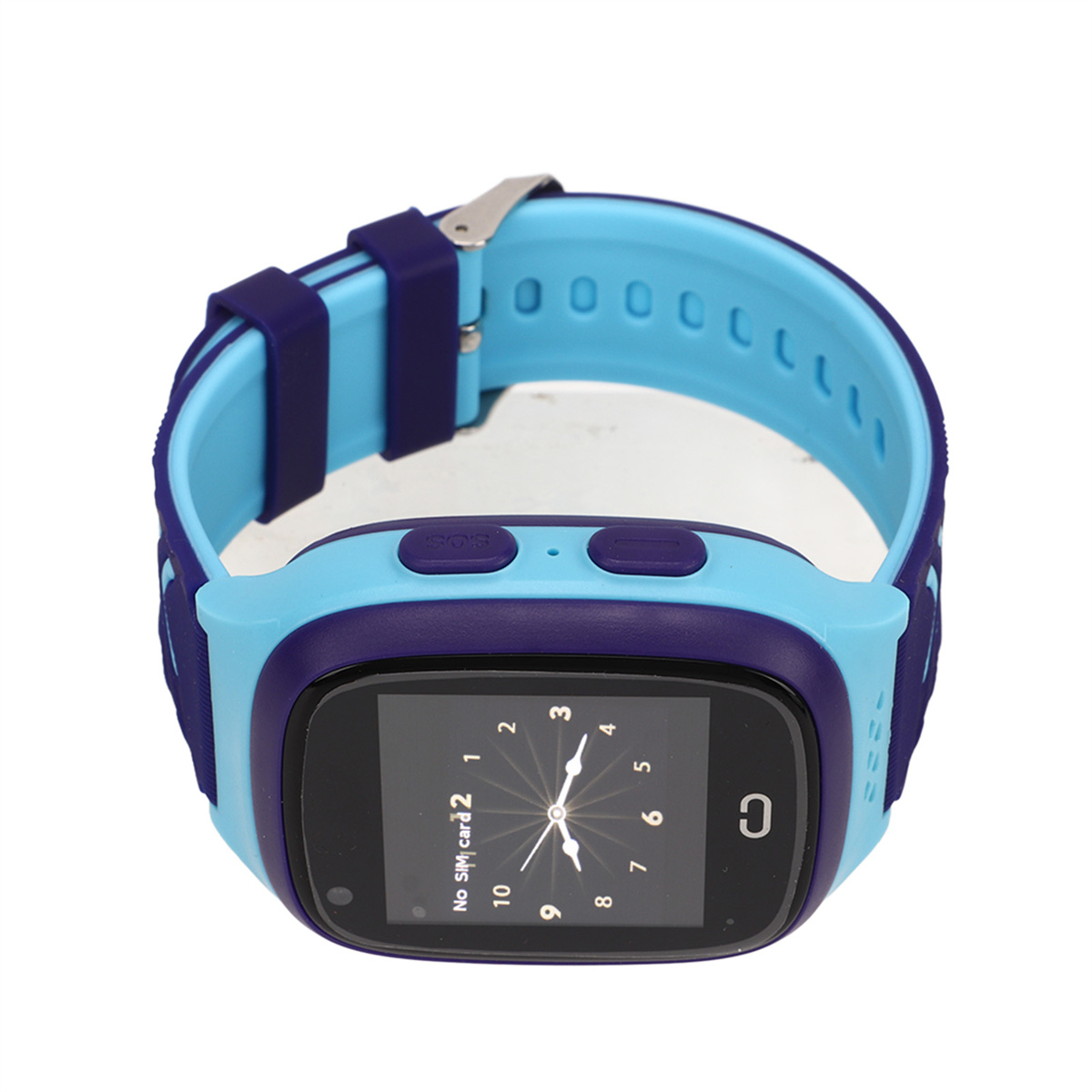 Eine blau-violette Smartwatch mit digitalem Display, das ein Zifferblatt zeigt.