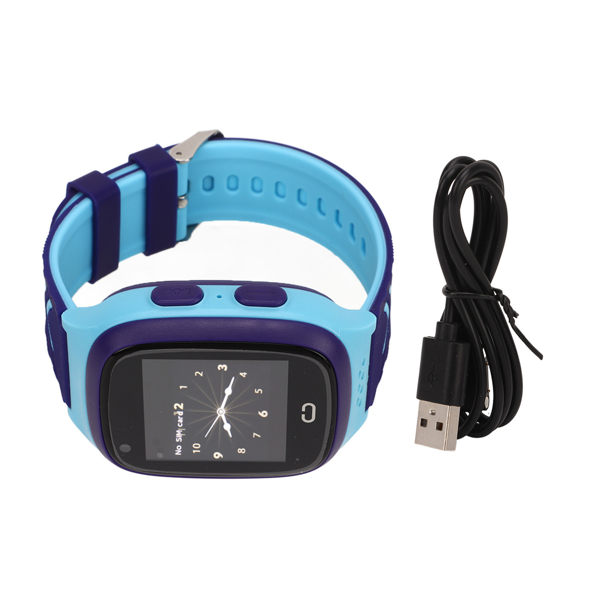 Eine blau-lila Kinder-Smartwatch mit schwarzem Bildschirm und Ladekabel.