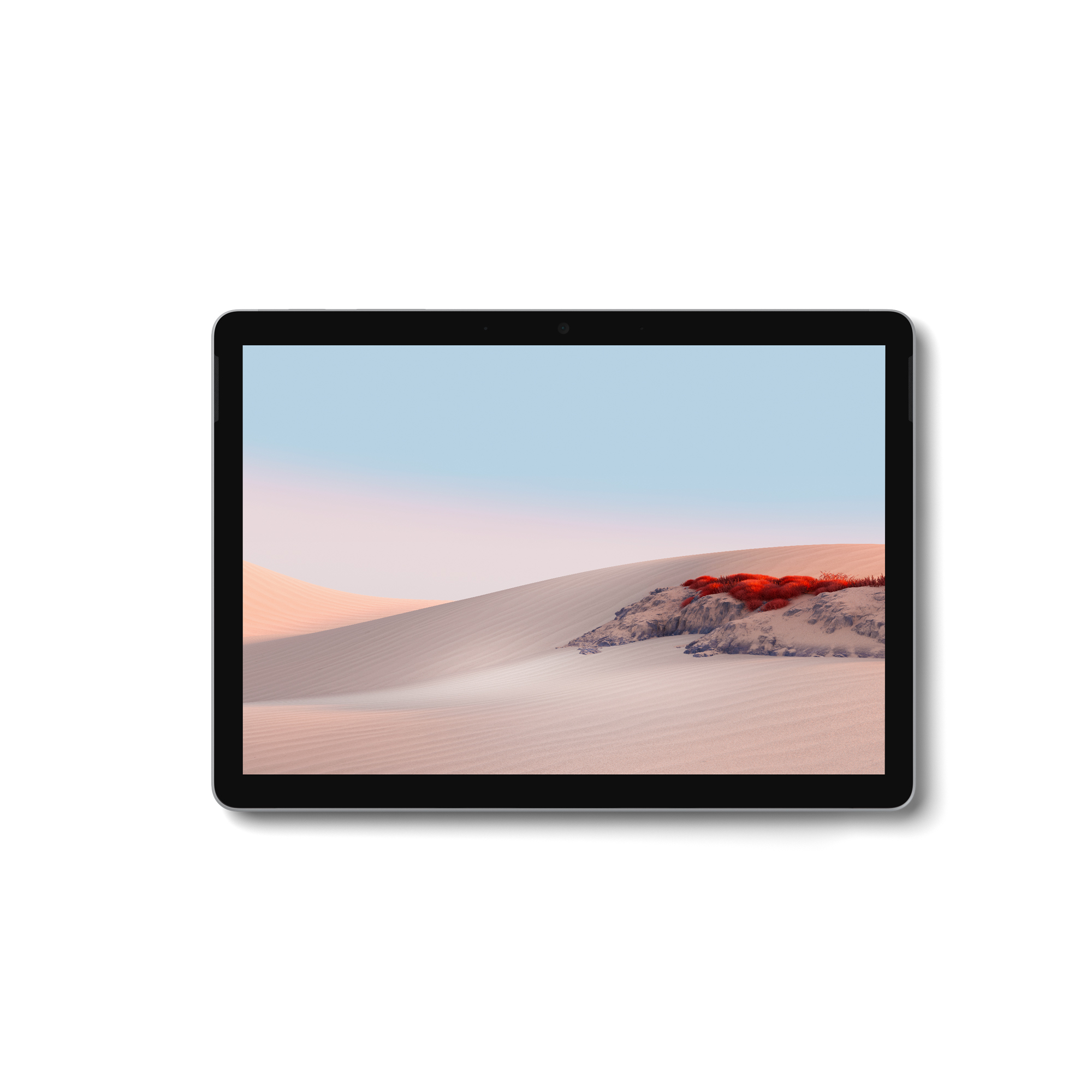 Ein schwarzes Tablet mit einem Bildschirm, der eine Wüstenlandschaft zeigt. Das Tablet hat einen schwarzen Rand.