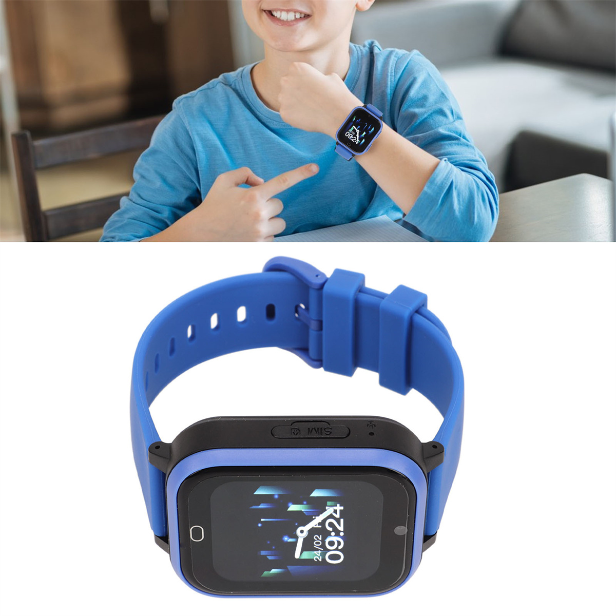 Ein Junge zeigt auf eine Smartwatch an seinem Handgelenk, Nahaufnahme der Uhr mit blauem Band.