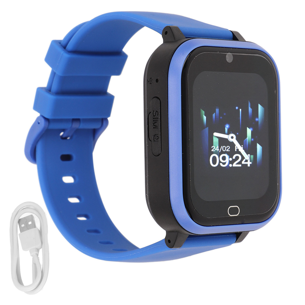 Eine blaue Smartwatch mit blauem Armband, zeigt Zeit und eine digitale Benutzeroberfläche.