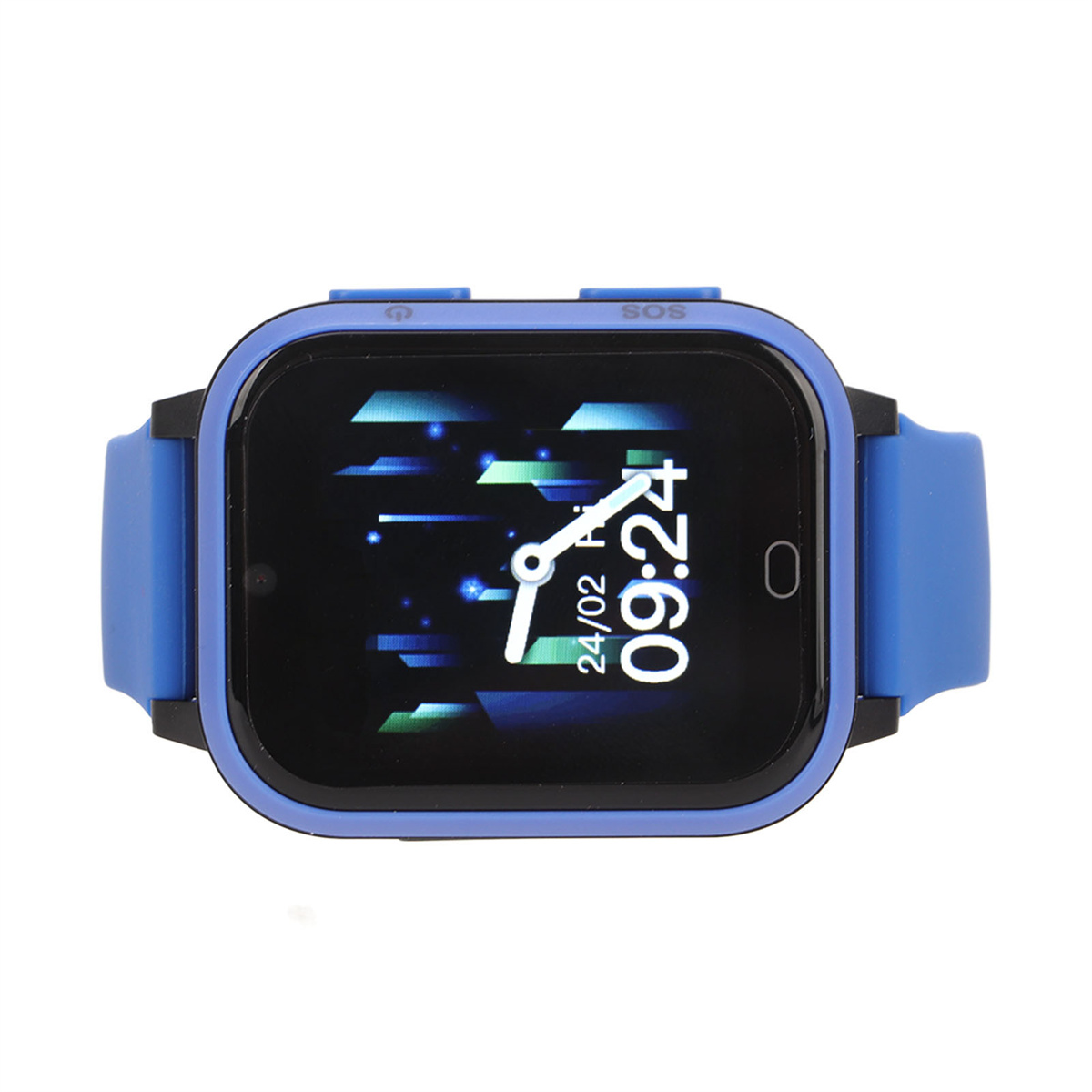 Blaue Smartwatch mit schwarzem Bildschirm, der die Uhrzeit anzeigt. Blaues Armband und schwarze Lünette. Weißer Hintergrund.