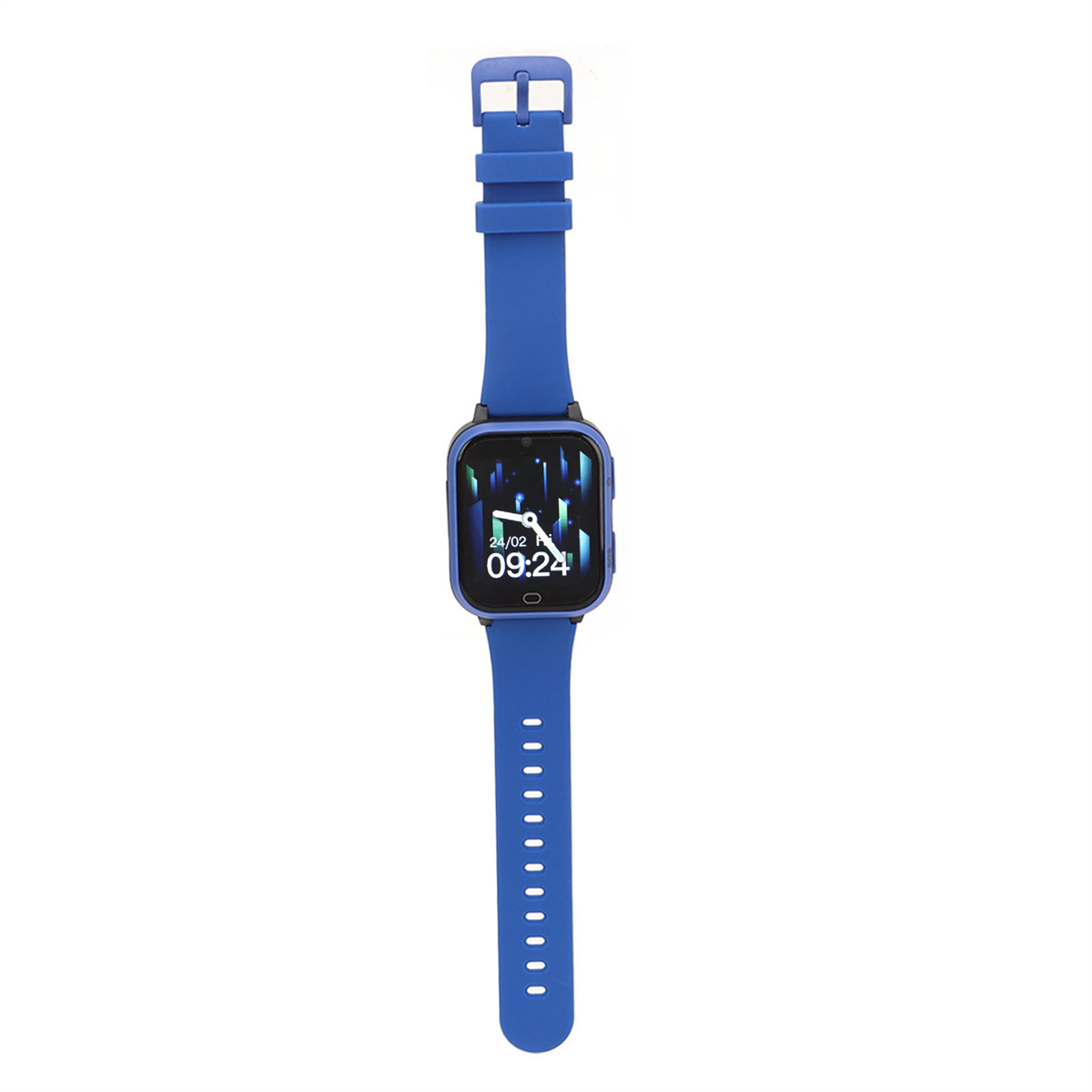 Blaue Smartwatch mit Zeitanzeige und blauem Armband, isoliert auf Weiß.
