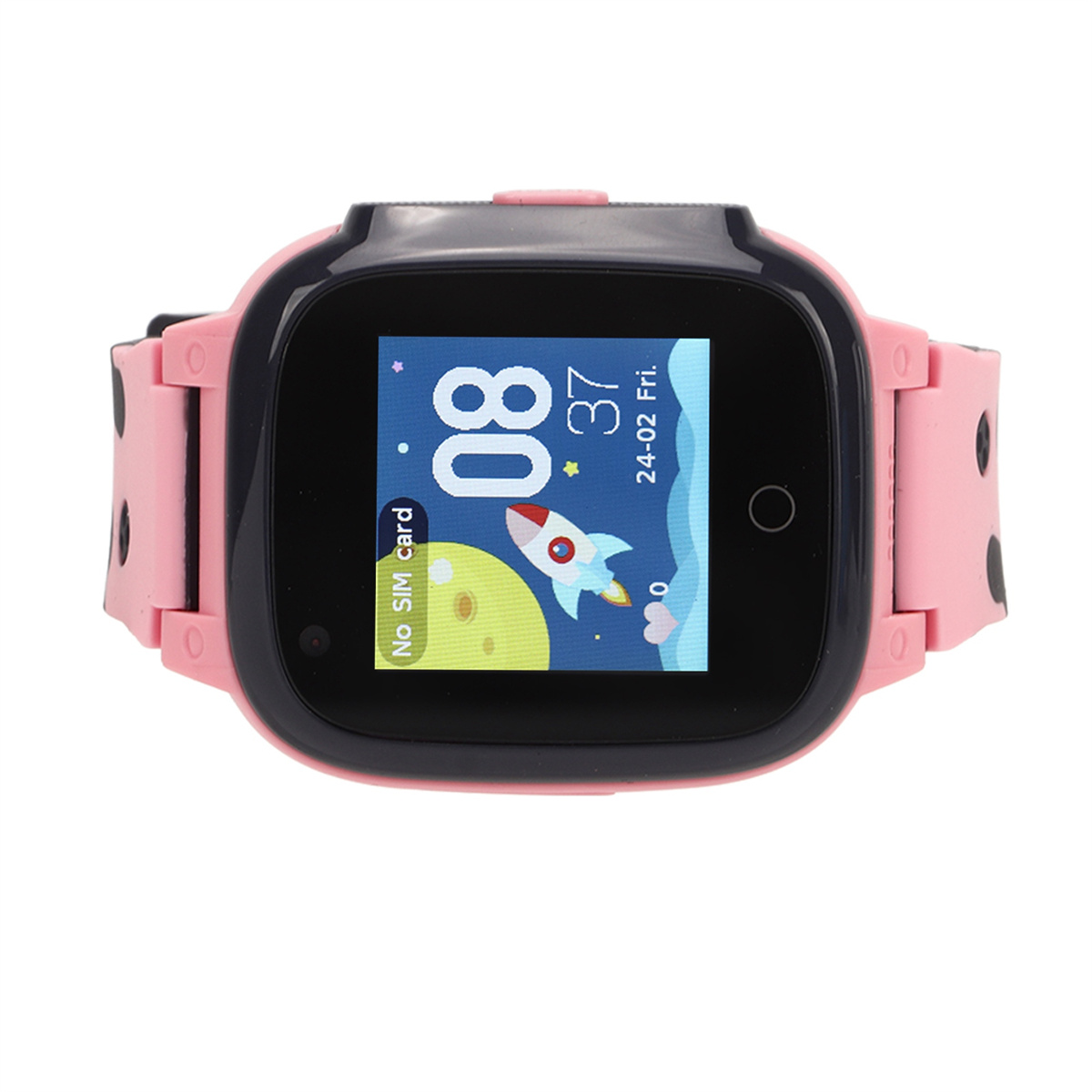 Rosa-schwarze Smartwatch mit Uhrzeit, Raketen- und Mondsymbol, auf weißer Oberfläche.