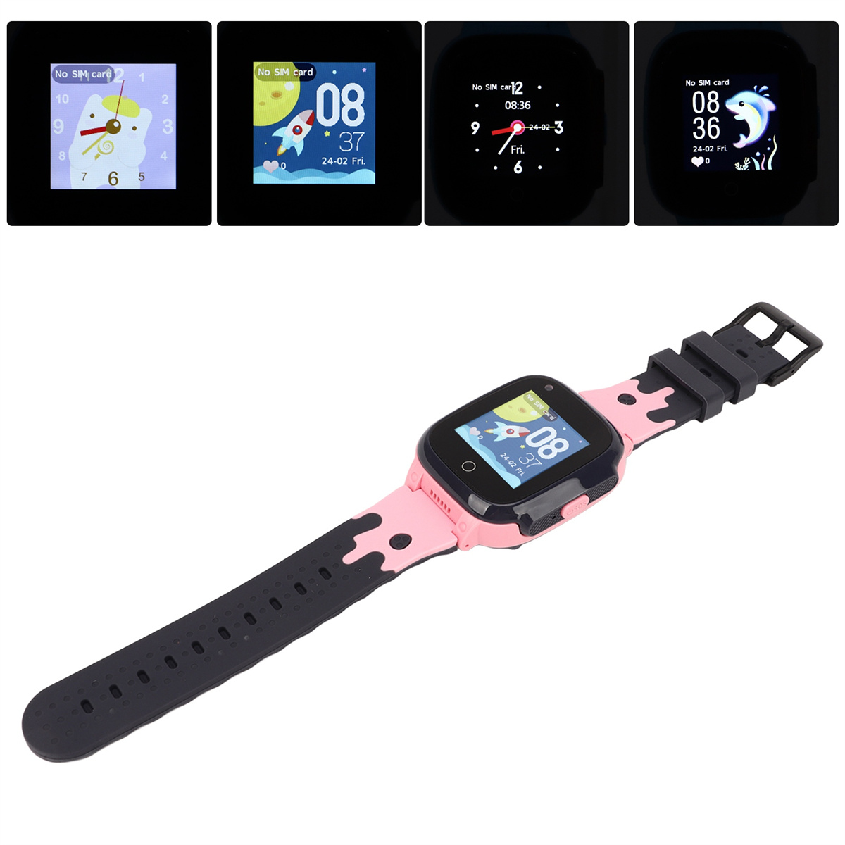 Rosa Smartwatch mit mehreren Zifferblättern. Schwarzes Armband. Weißer Hintergrund, mit Zifferblättern.