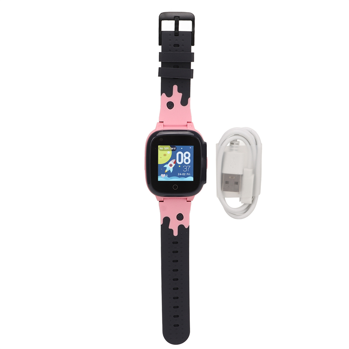 Rosa-schwarze Kinder-Smartwatch mit weißem Ladekabel.