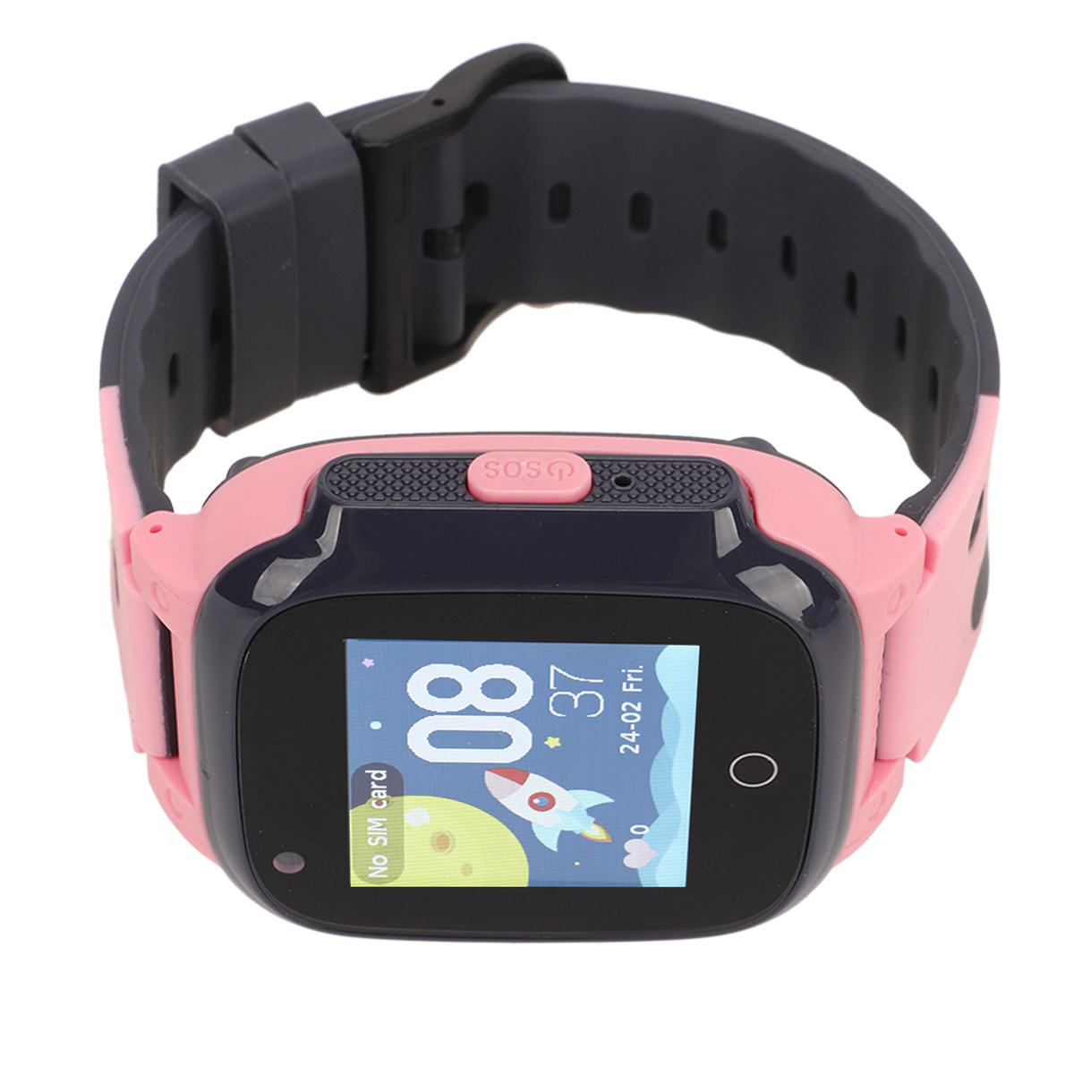 Eine pinkfarbene und schwarze Smartwatch mit einem Bildschirm, der eine Rakete und einen Planeten zeigt, vor weißem Hintergrund.