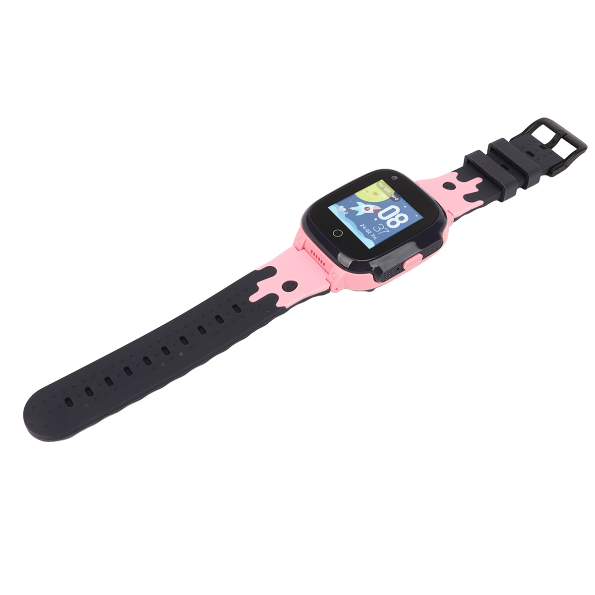 Rosa-schwarze Smartwatch an einem schwarzen Armband, die ein Bärenbild auf dem Bildschirm zeigt.