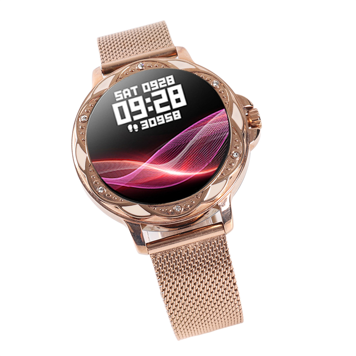 Roségoldene Smartwatch mit Bildschirm. Weißer Hintergrund.