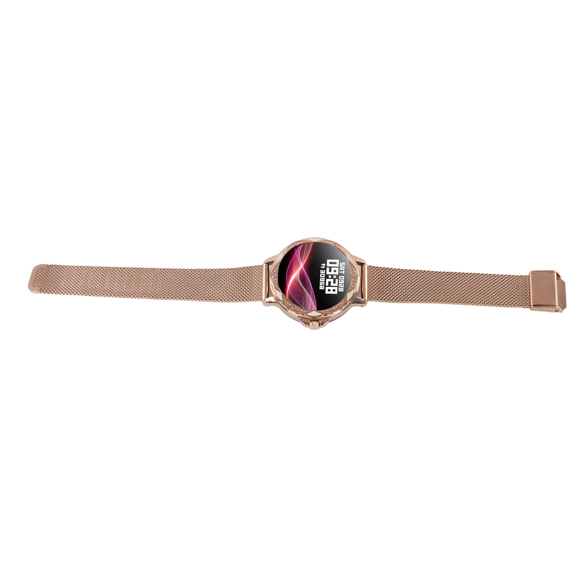 Roségoldene Smartwatch mit Mesh-Armband, zeigt die Uhrzeit. Weißer Hintergrund.