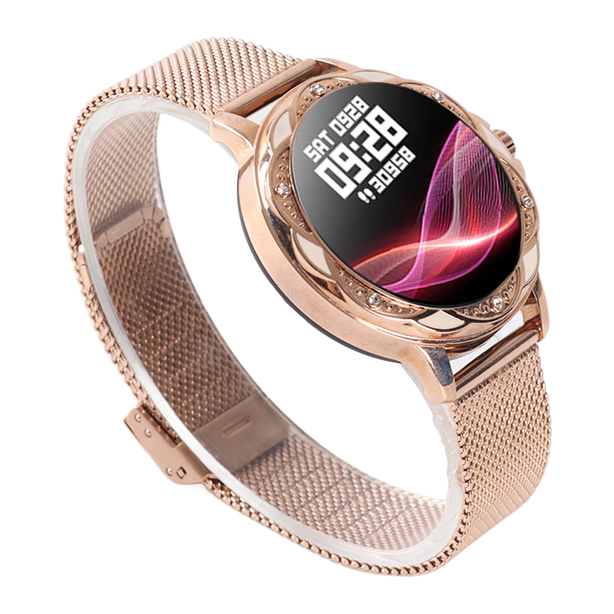 Roségoldene Smartwatch auf weißem Ständer, zeigt Datum und Uhrzeit. Mesh-Armband und Lünette mit Strasssteinen.
