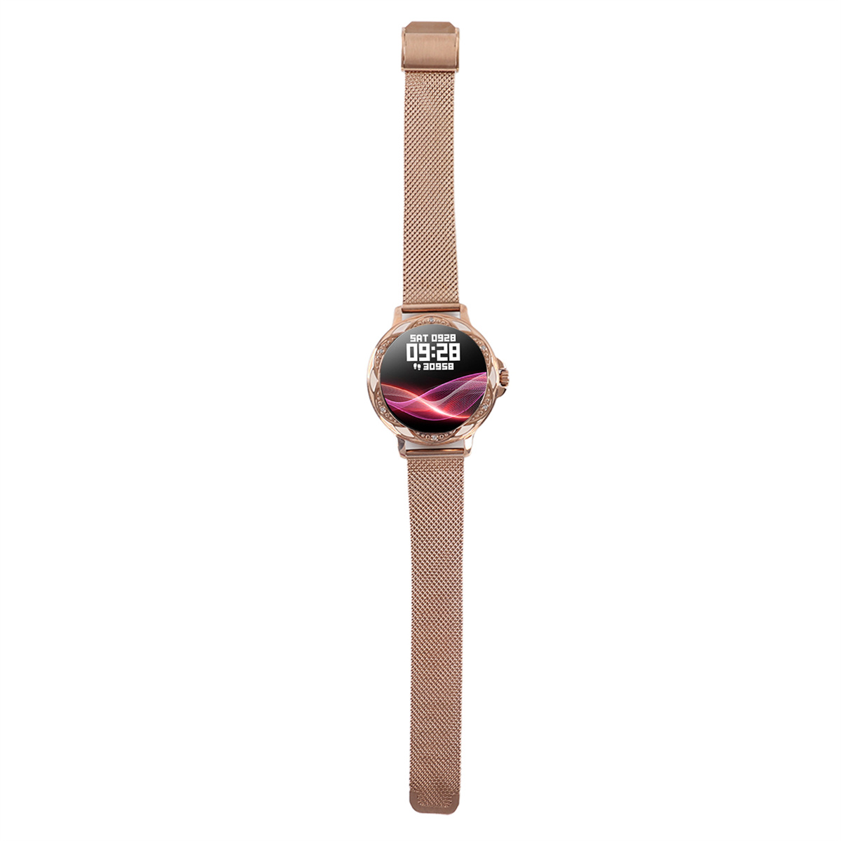 Roségoldene Smartwatch. Metallgeflechtarmband. Digitalanzeige zeigt Zeit und Datum. Weißer Hintergrund.