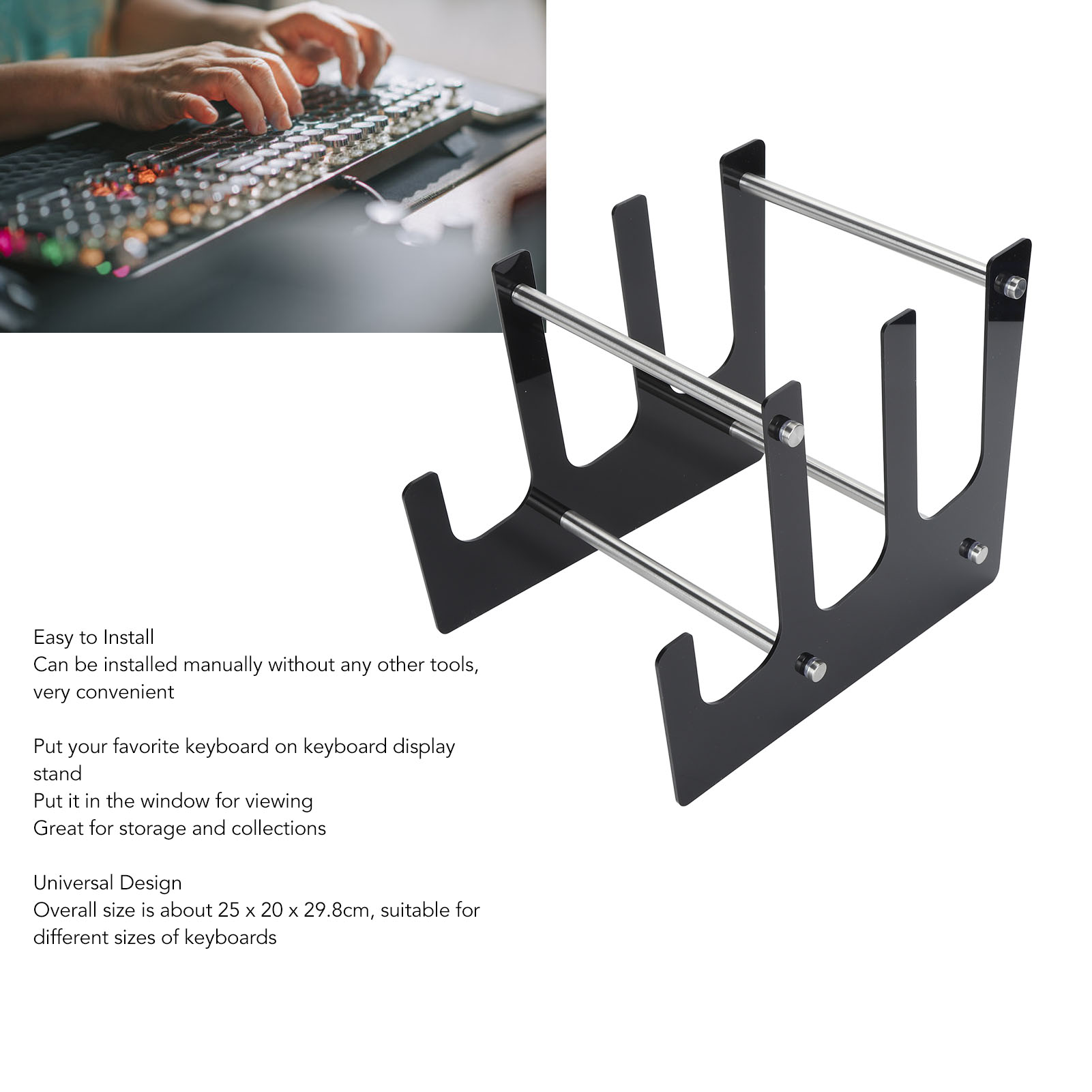 Schwarzer Tastaturständer mit Textbeschreibung. Oben Hände beim Tippen auf einer Tastatur.