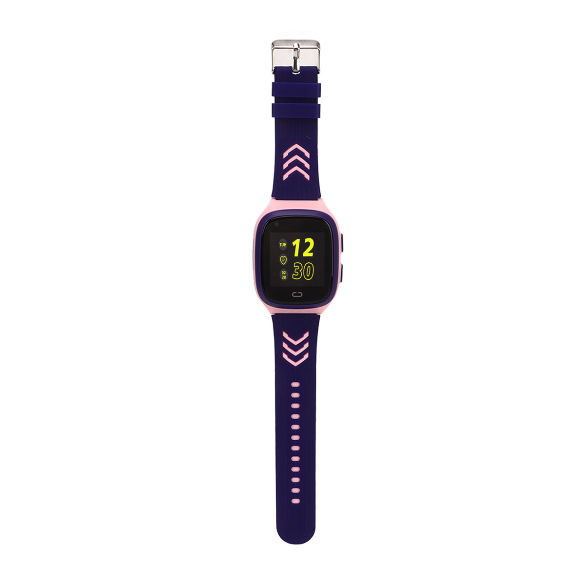 Eine rosa-blaue Smartwatch mit digitaler Anzeige auf weißem Hintergrund.