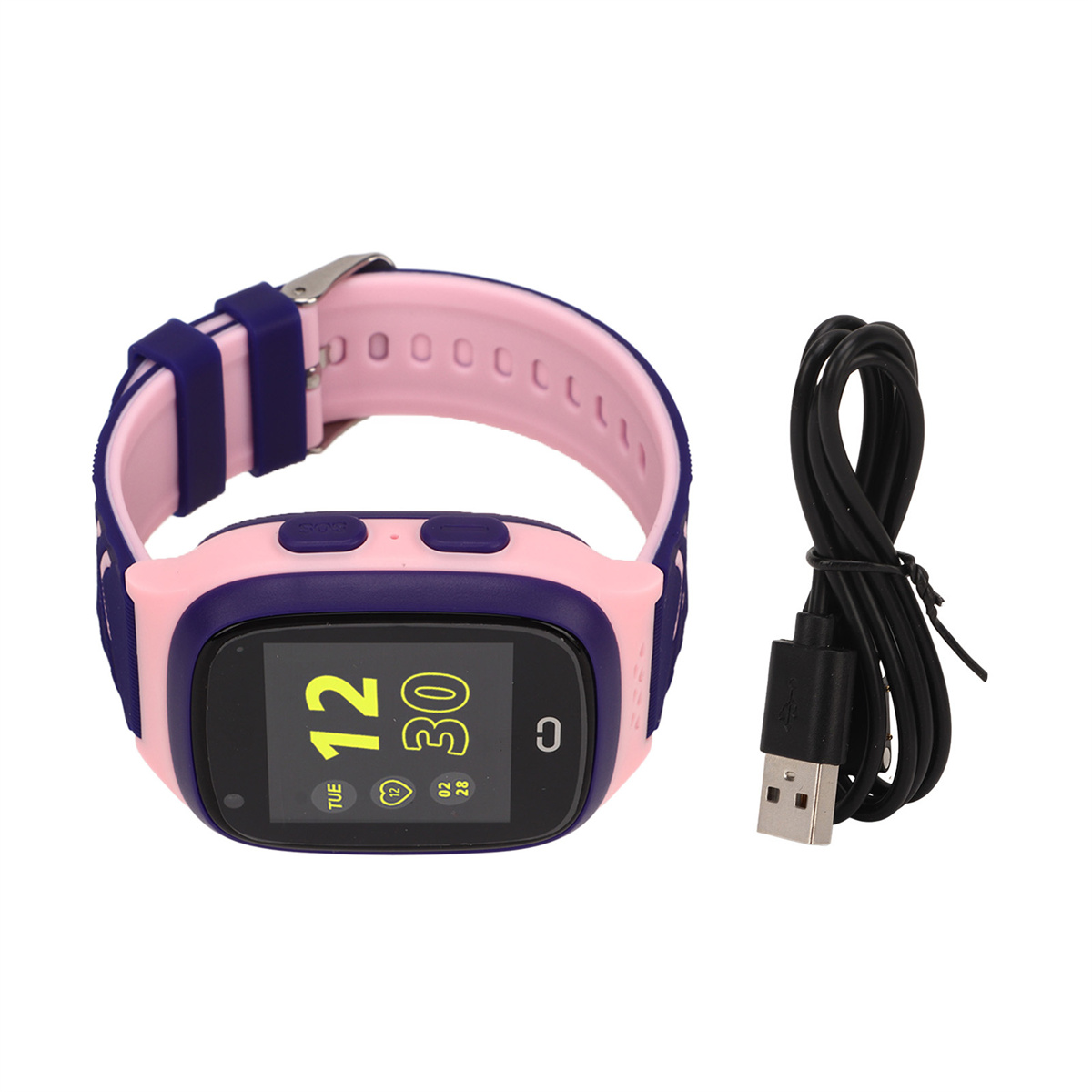 Eine Smartwatch mit pink-blauem Band. Ein schwarzes Ladekabel rechts.