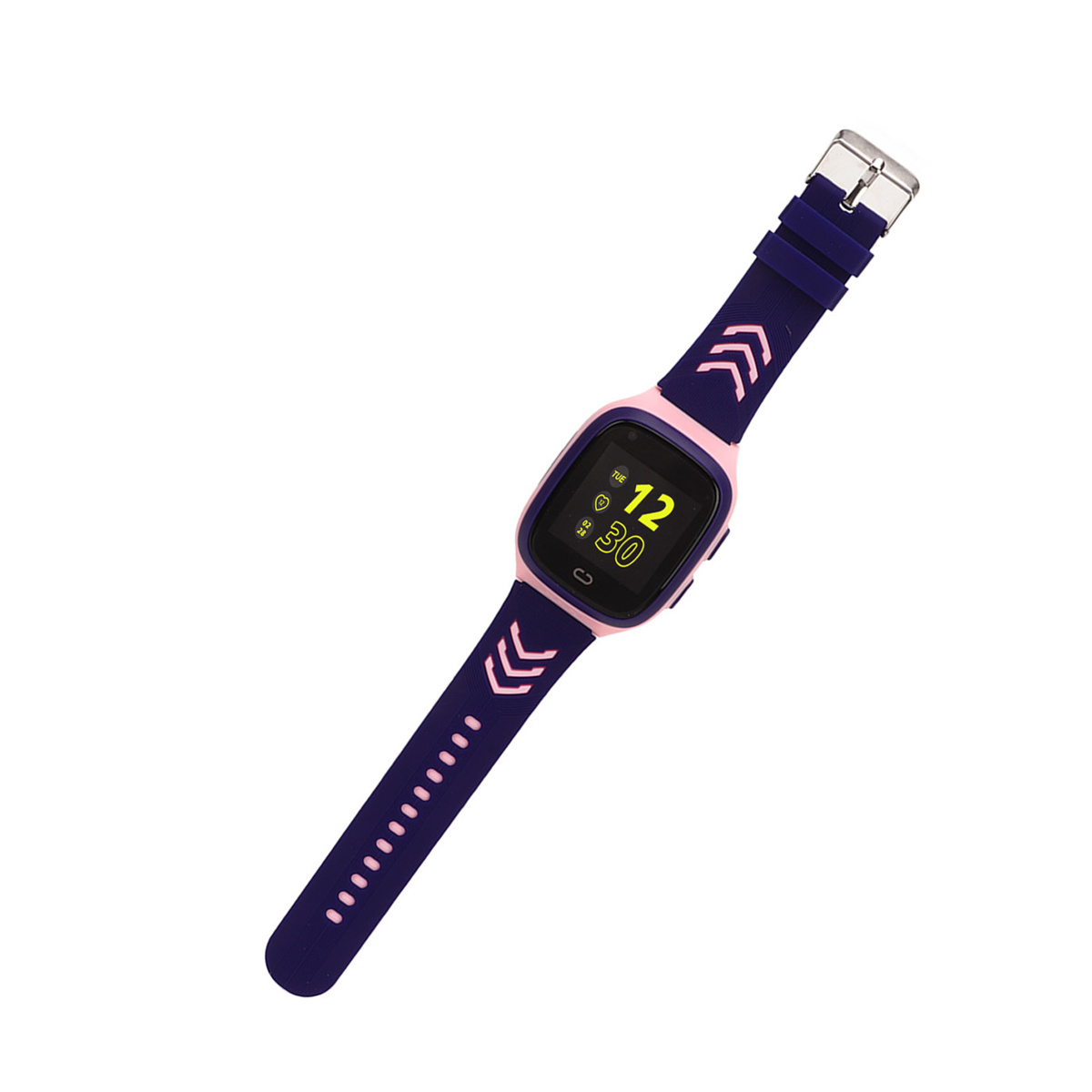Eine pinke und lila Smartwatch mit dunklem Bildschirm. Weißer Hintergrund.