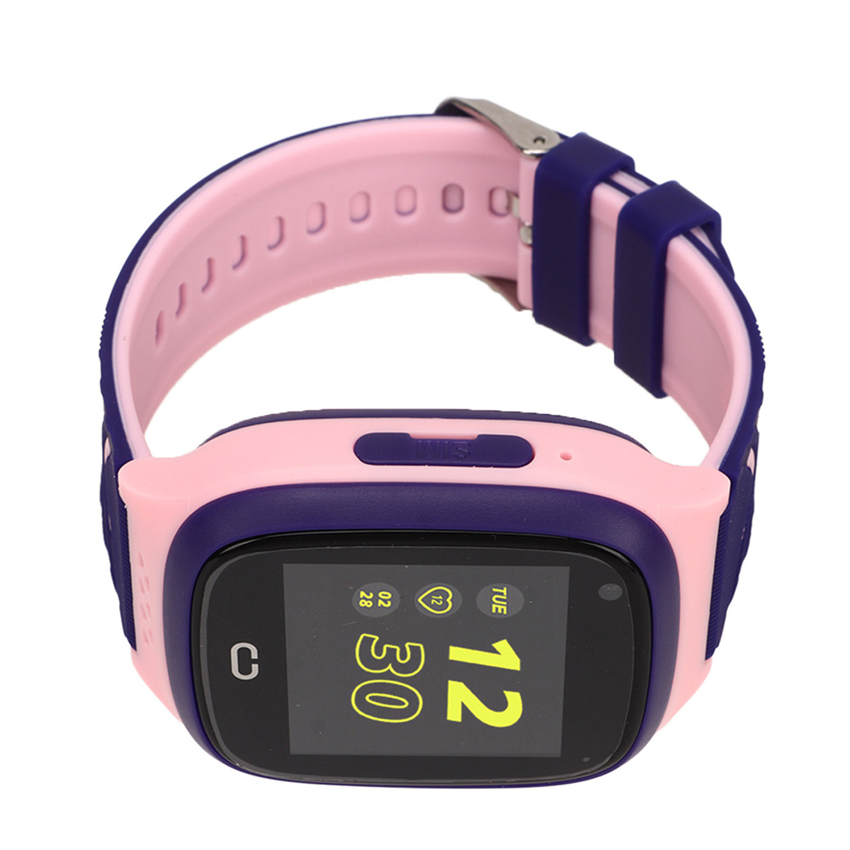 Eine rosa und blaue Smartwatch mit schwarzem Bildschirm, der Zeit anzeigt, und rosa Armband.