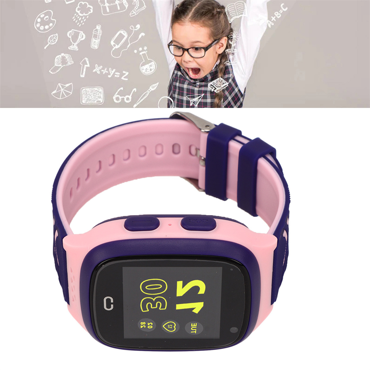 Ein Mädchen mit Brille betrachtet eine Smartwatch mit Zeitanzeige. Rosa und lila Uhr auf weißem Hintergrund.