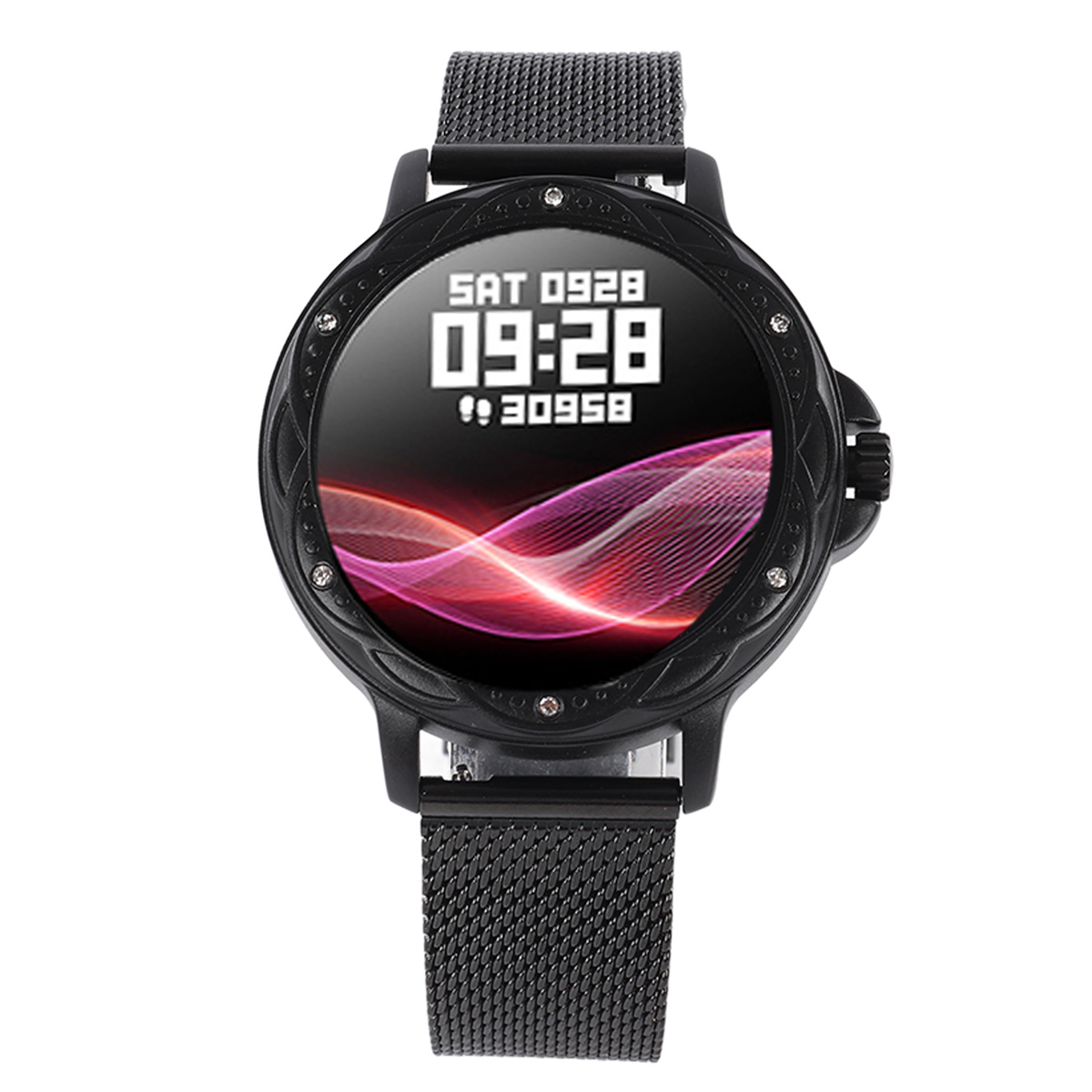Schwarze Smartwatch mit digitaler Zeitanzeige.