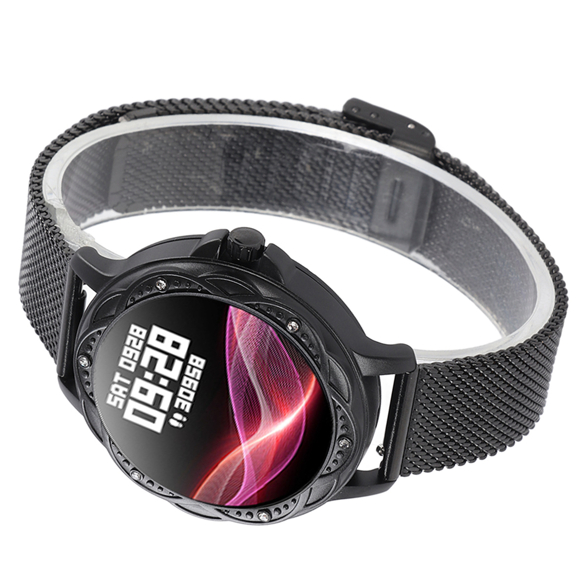 Schwarze Smartwatch mit rundem Zifferblatt und Mesh-Armband. Zeigt Zeit und Gesundheitsmetriken.