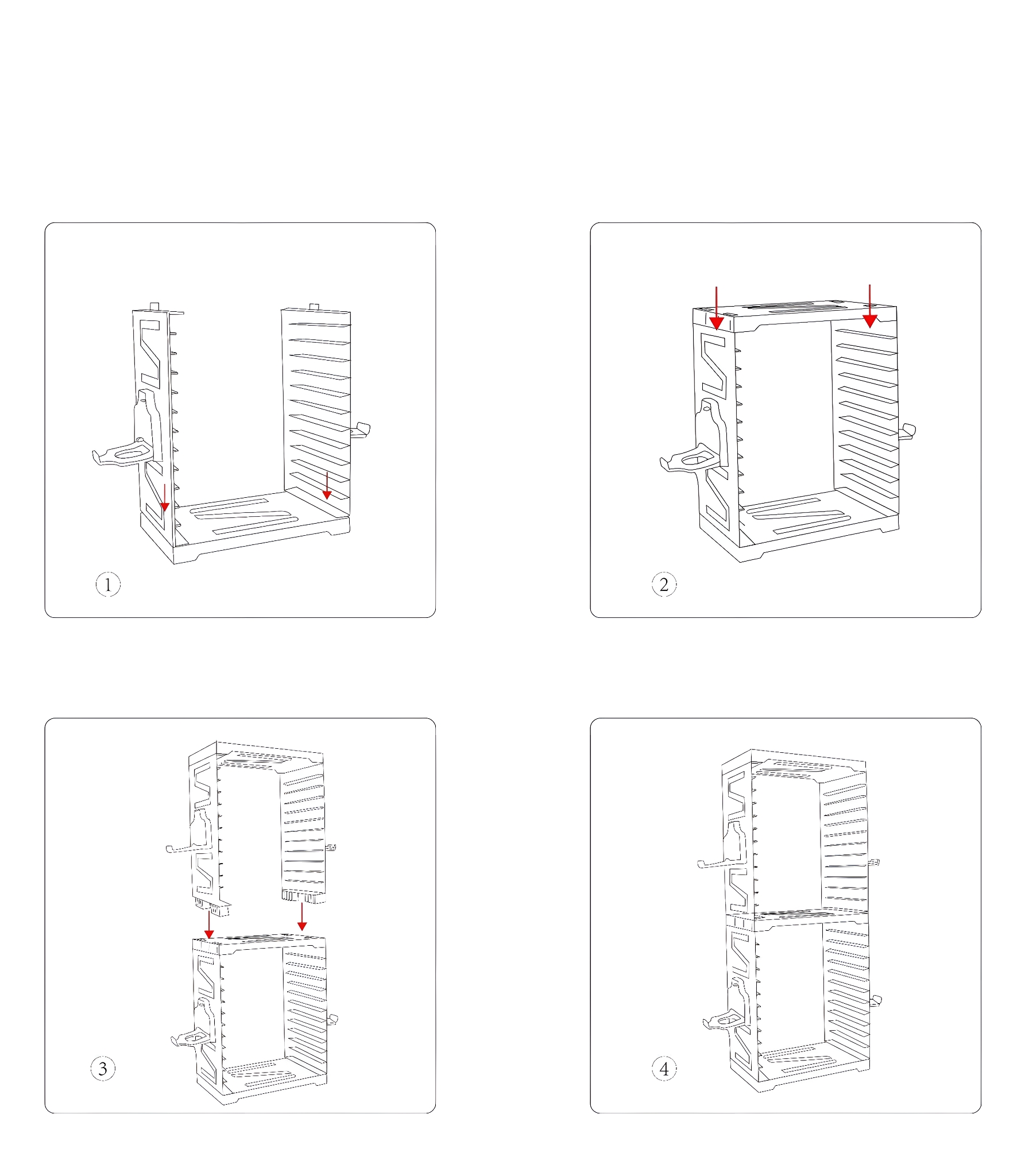 Vierstufiges Diagramm des Regalaufbaus. Jeder Schritt zeigt die Verbindung von Teilen.