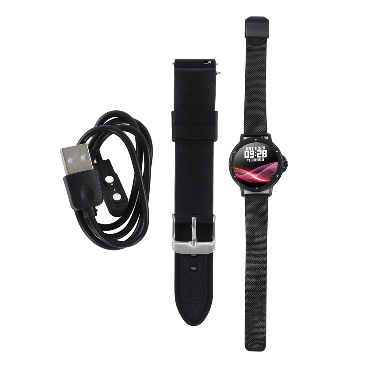 Zubehör für Smartwatch, ein Ladegerät, ein zusätzliches Armband und eine Uhr.