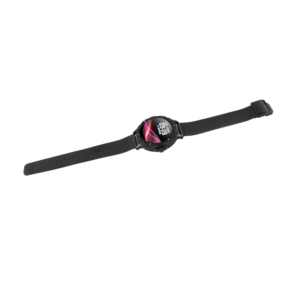 Schwarze Smartwatch mit Mesh-Band, rundes Zifferblatt zeigt Zeit, vor weißem Hintergrund.