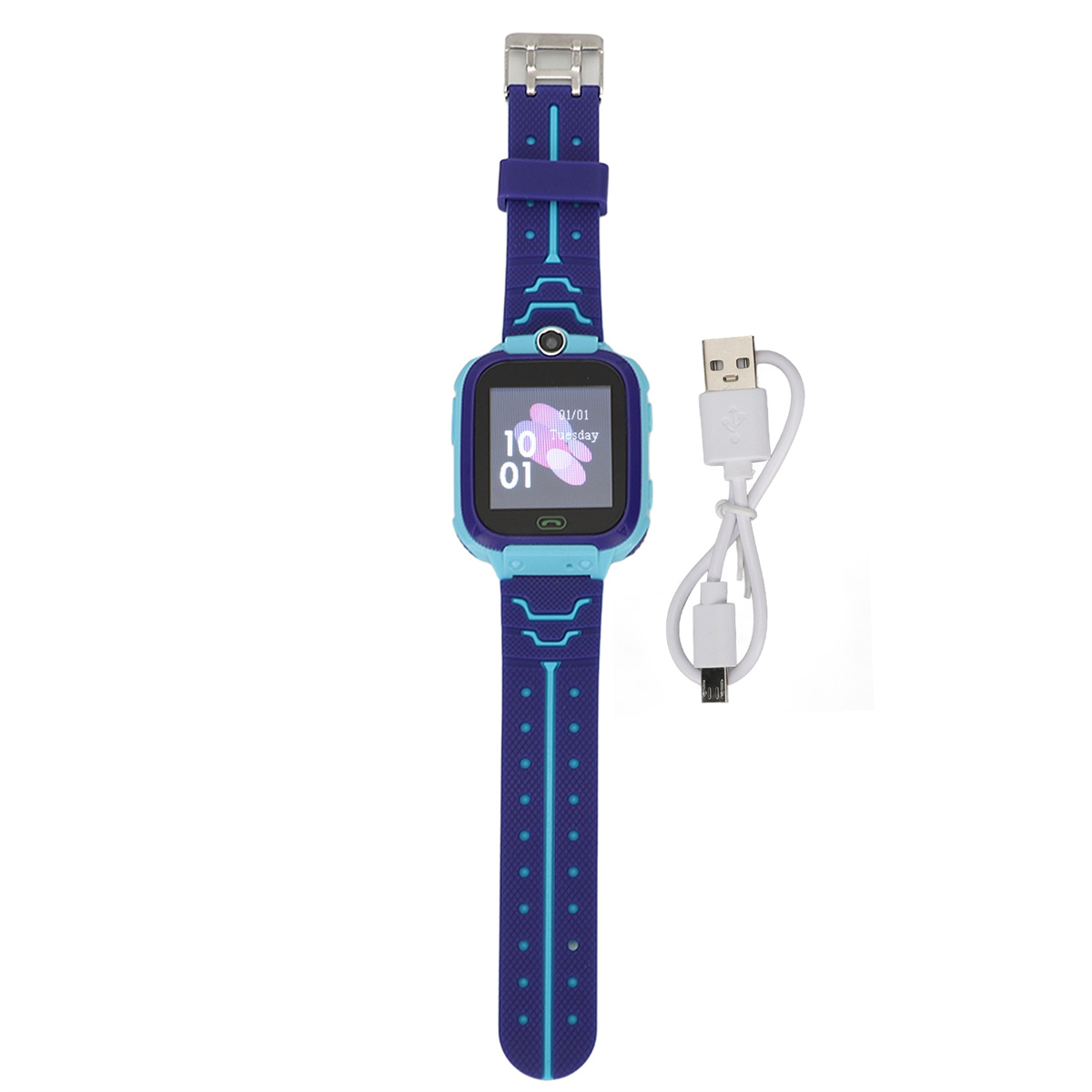 Blaue Smartwatch mit blauem und violettem Armband. Daneben liegt ein Ladekabel.