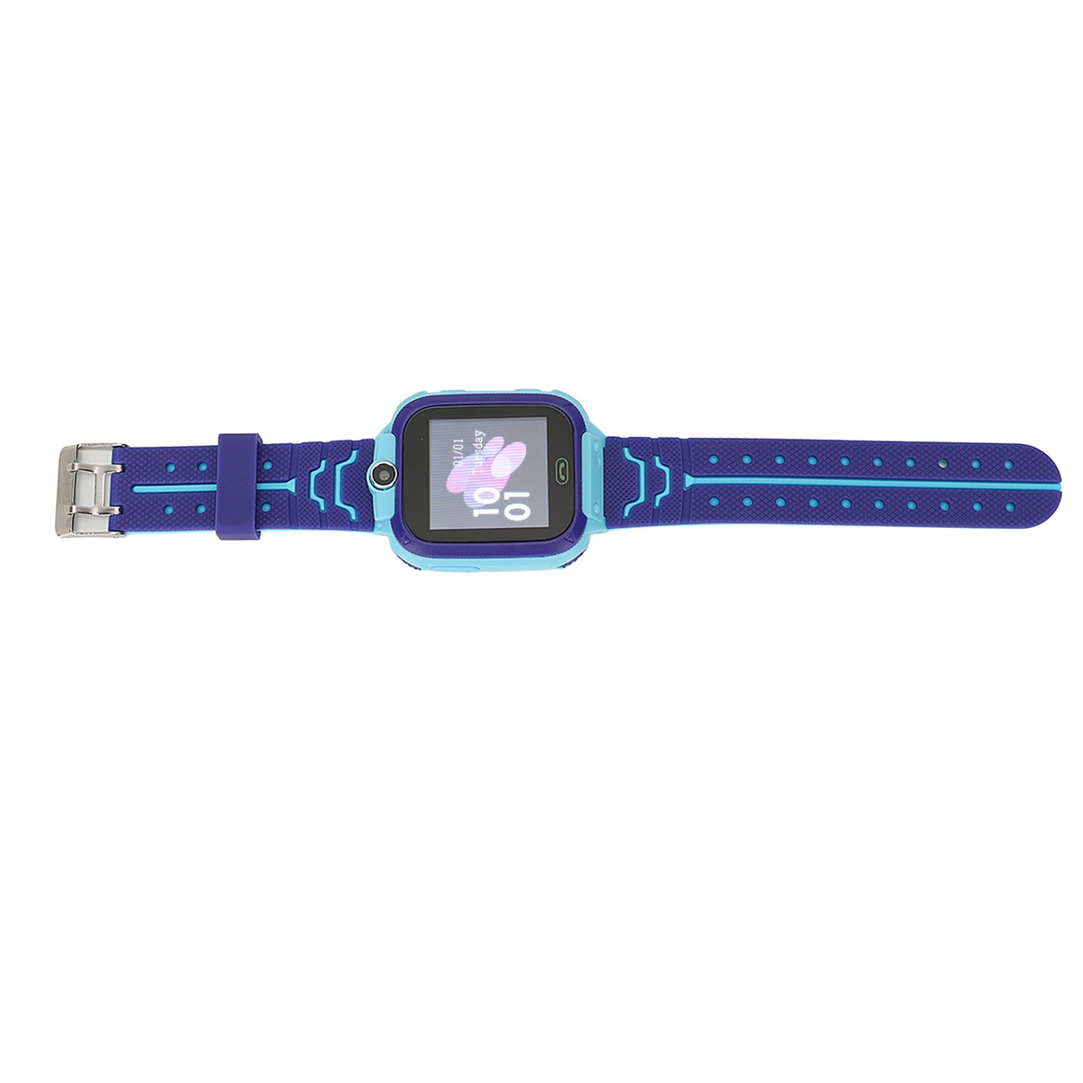 Eine blaue Smartwatch mit blauem Armband vor weißem Hintergrund. Das Zifferblatt zeigt Zeit und Daten an.
