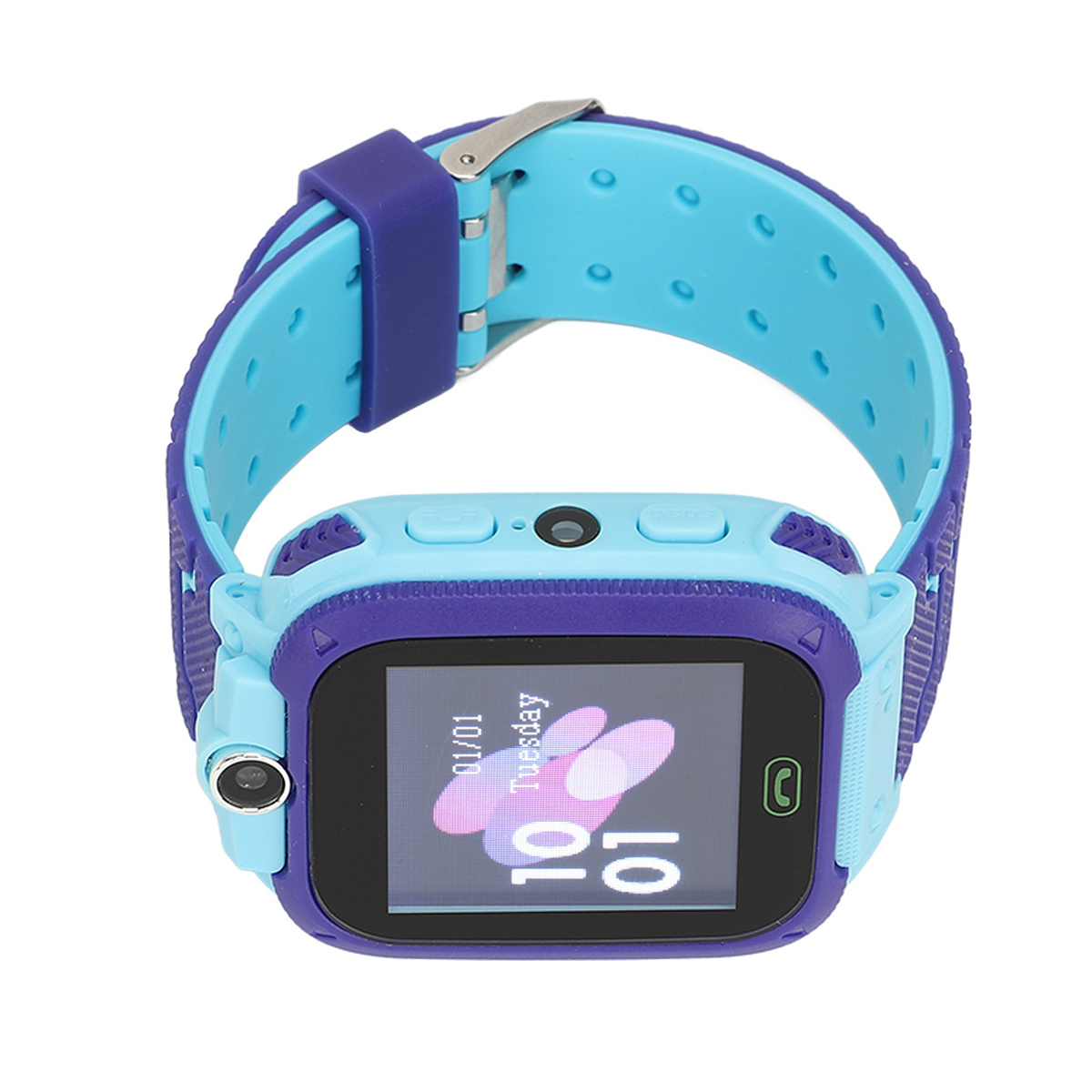Blaue und violette Smartwatch mit digitaler Anzeige von Datum und Uhrzeit.