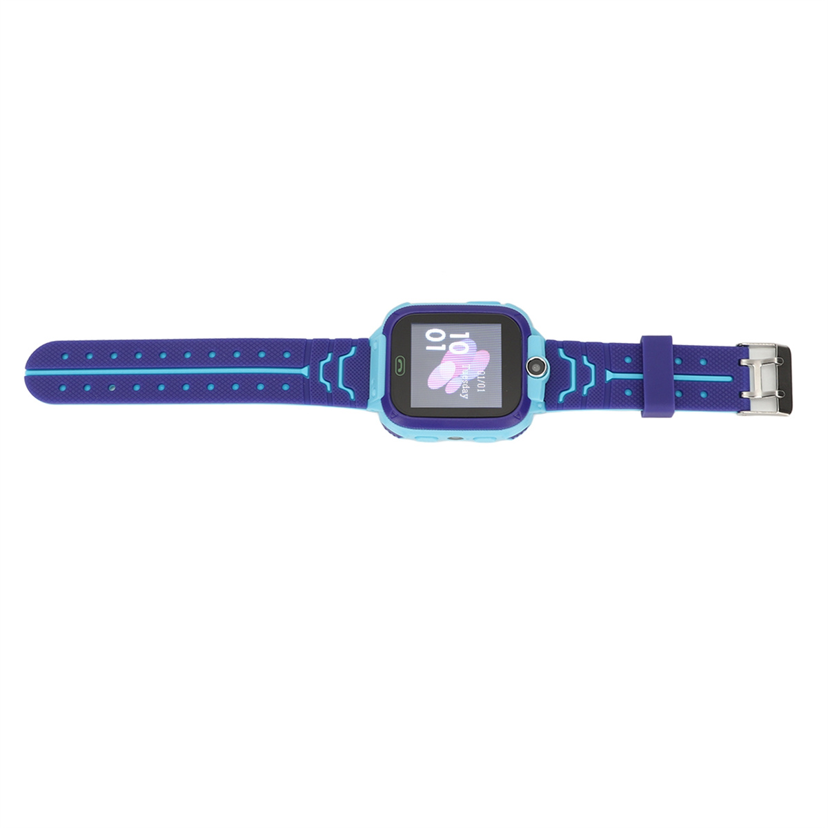 Blau-violette Smartwatch mit digitaler Anzeige, die Zeit und Datum anzeigt. Mit blauem Armband.