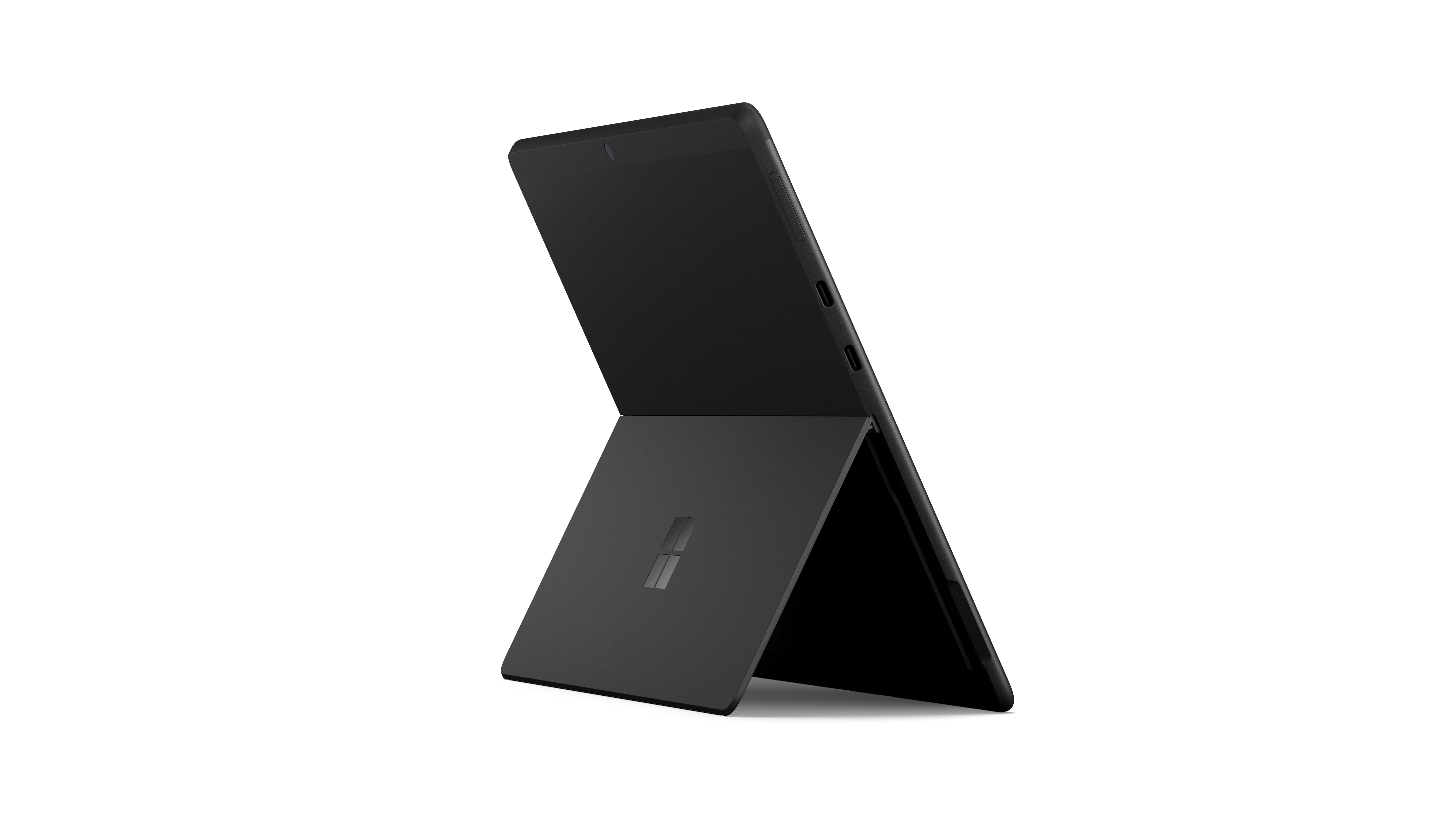 Schwarzes Tablet mit Ständer, abgewinkelt, um den Bildschirm zu zeigen.
