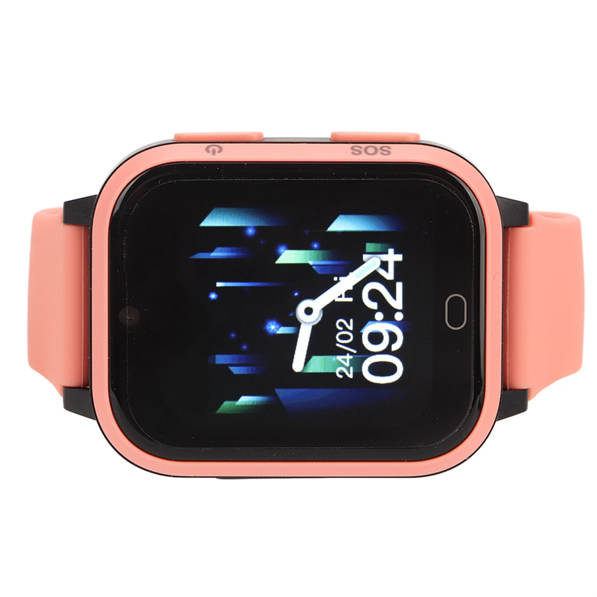 Rosafarbene Smartwatch mit schwarzem Bildschirm, zeigt Zeit und Datum, rosa Band.
