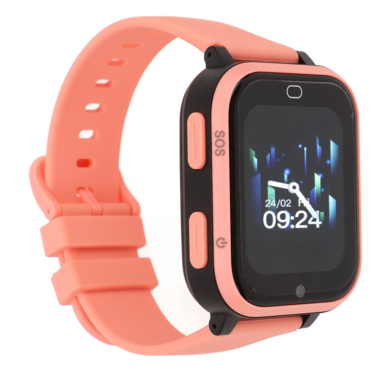 Rosafarbene Smartwatch mit Digitalanzeige, die Zeit und SOS- und Power-Tasten zeigt.