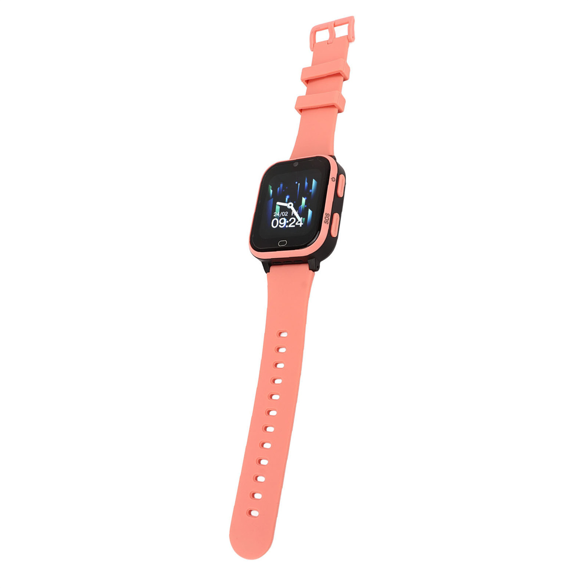 Eine rosa Smartwatch mit rosa Armband. Der Bildschirm zeigt die Zeit, mit schwarzem Hintergrund.