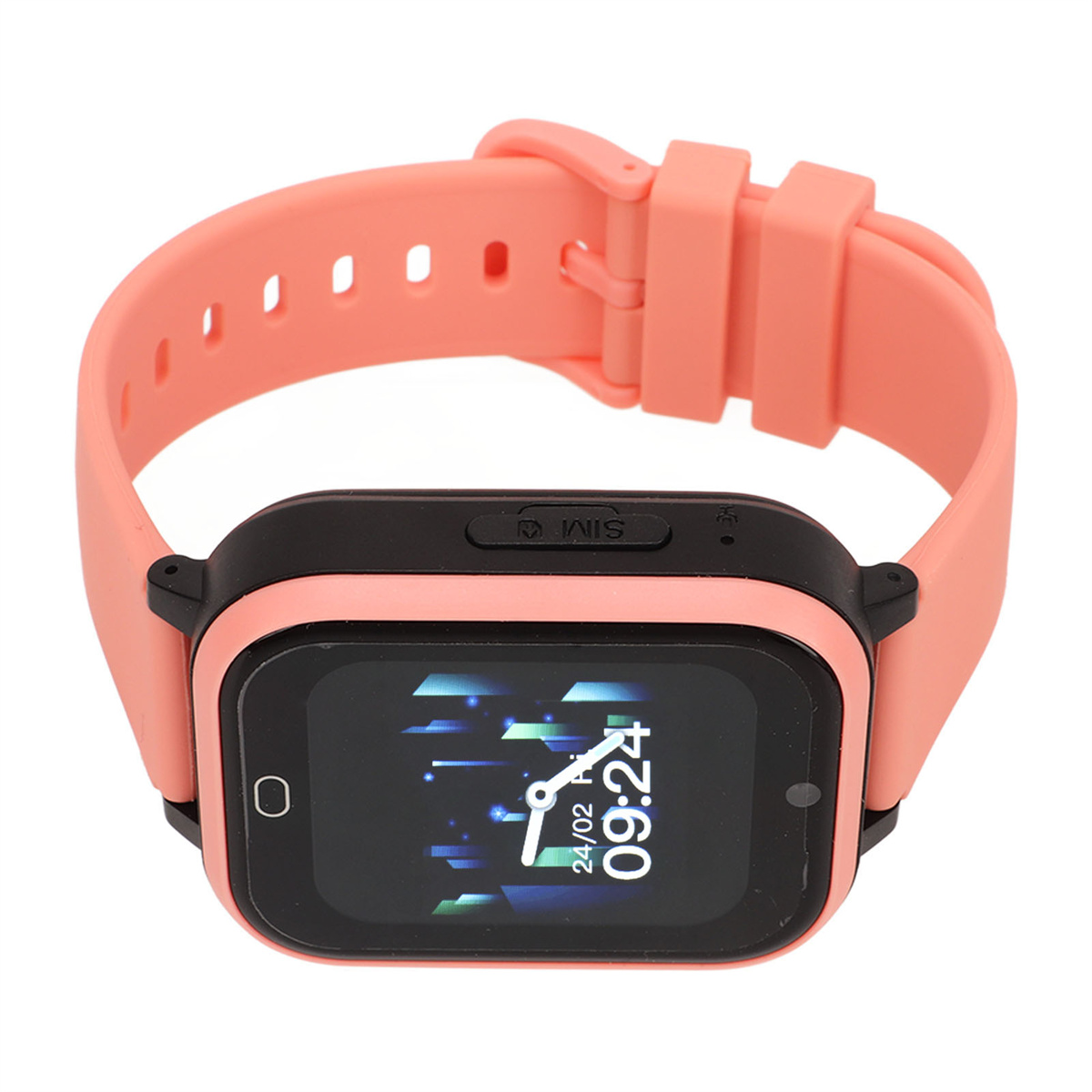 Pinke Smartwatch mit schwarzem Zifferblatt, zeigt die Zeit. Pinkes Armband.