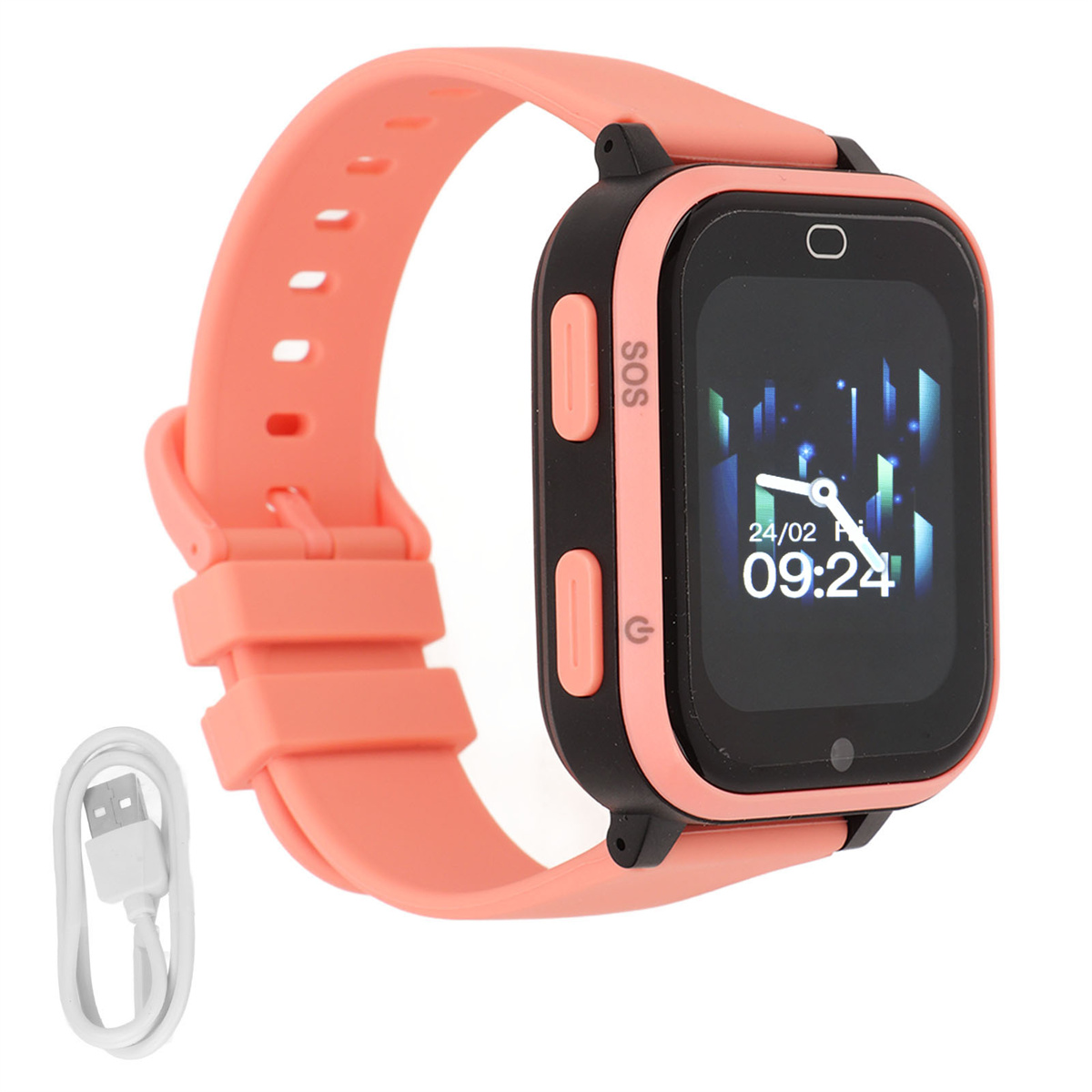 Eine pinkfarbene Smartwatch mit passendem Armband und Ladegerät. Uhr zeigt Zeit und andere Infos.
