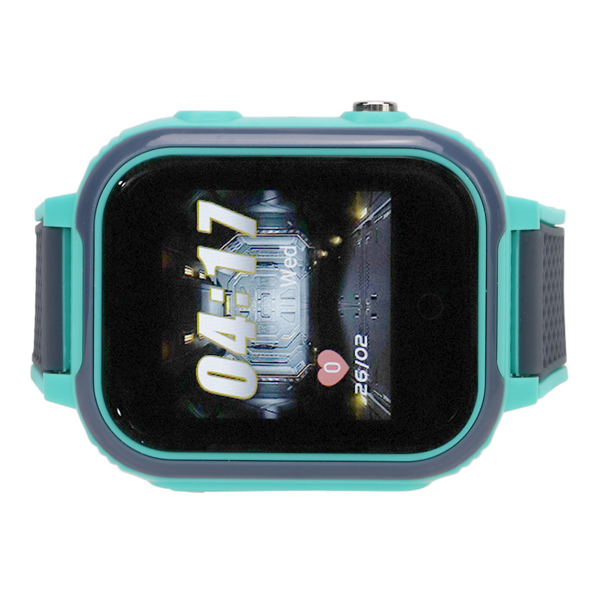 Eine türkis-graue Smartwatch, die eine Uhrzeit und ein Datum anzeigt.