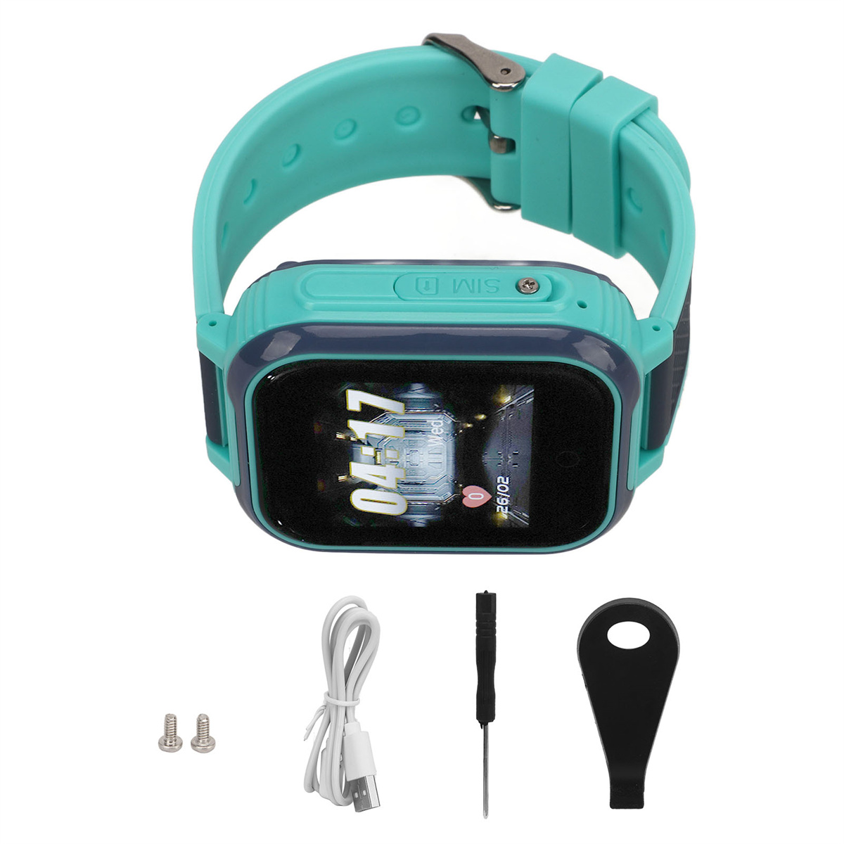 Eine türkisfarbene Smartwatch mit schwarzen und grauen Akzenten. Zubehör beinhaltet Schraubendreher und Ladegerät.