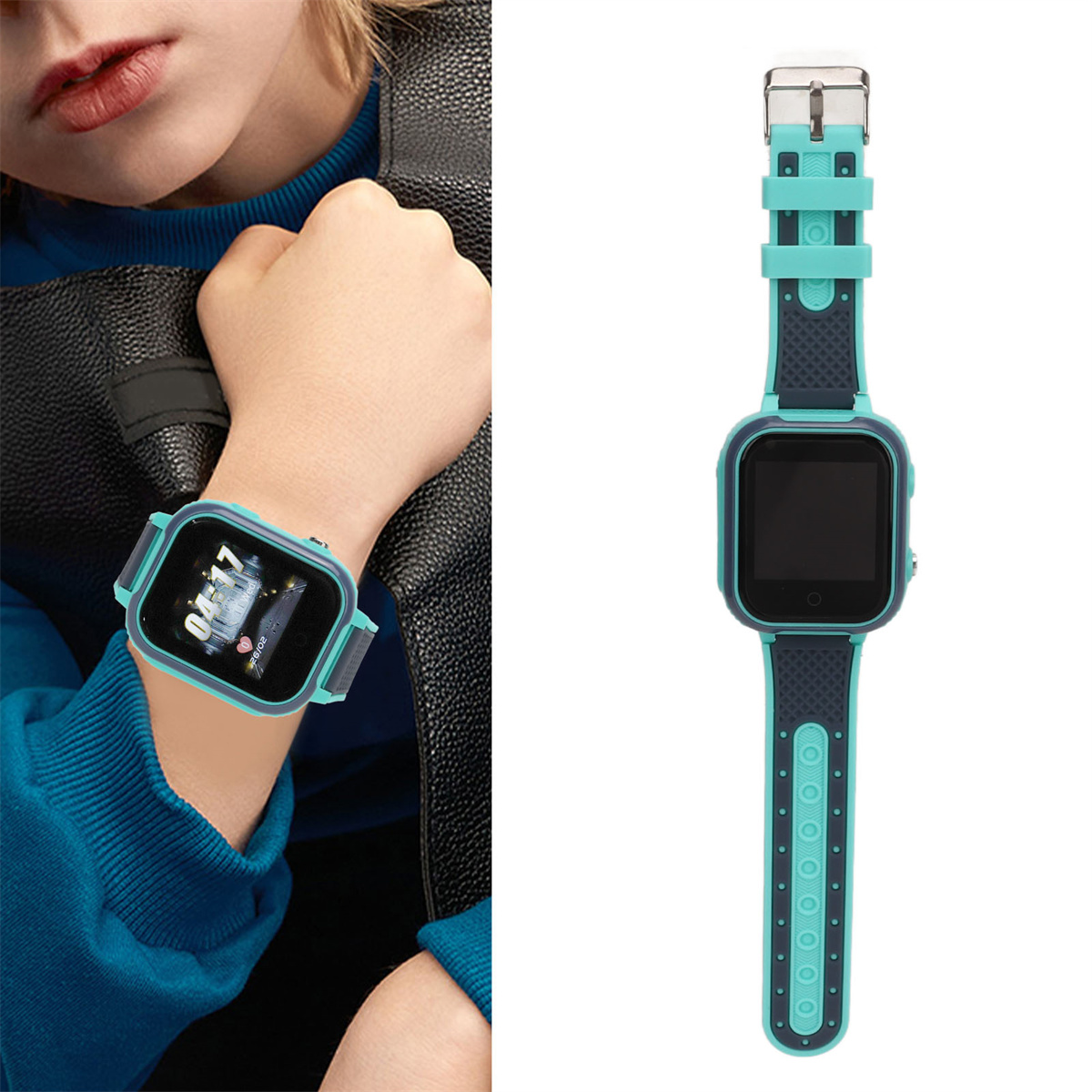 Kind trägt eine türkis-graue Smartwatch am Handgelenk; die Uhr zeigt ein Bild.