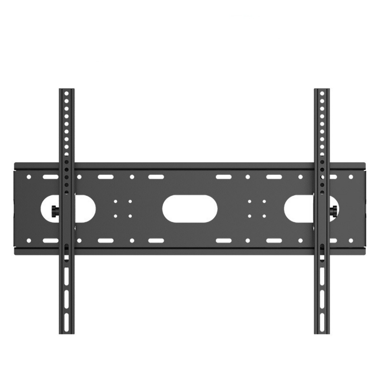 Schwarze TV-Wandhalterung. Metallkonstruktion. Zwei vertikale Halterungen. Löcher für Schrauben.