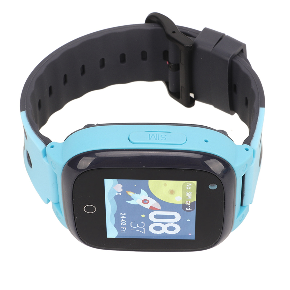 Eine blaue Smartwatch mit schwarzem Bildschirm, der eine Rakete und einen Mond zeigt.