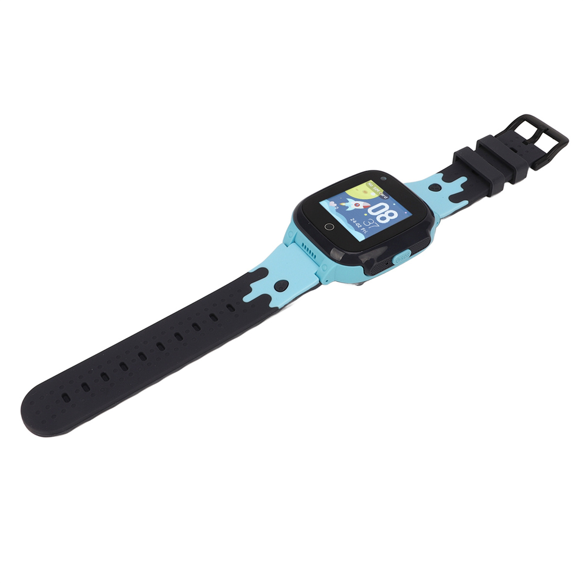 Eine Kinder-Smartwatch, blau und schwarz, zeigt die Uhrzeit an. Das Band ist schwarz und blau.