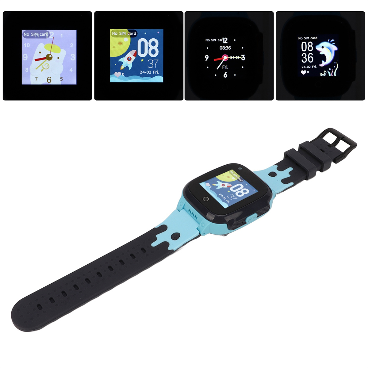 Smartwatch, das verschiedene Bildschirme zeigt. Eine Uhr mit blauem Armband und schwarzen Details ist sichtbar.