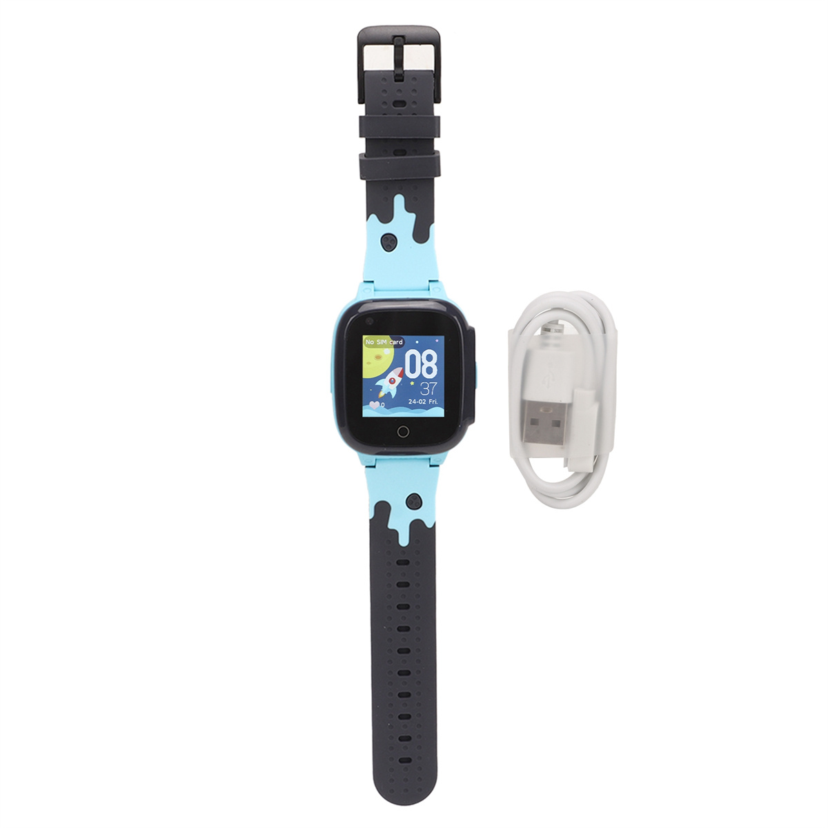 Blaue Kinderuhr mit schwarz-blauem Armband. Weißes Kabel gezeigt.