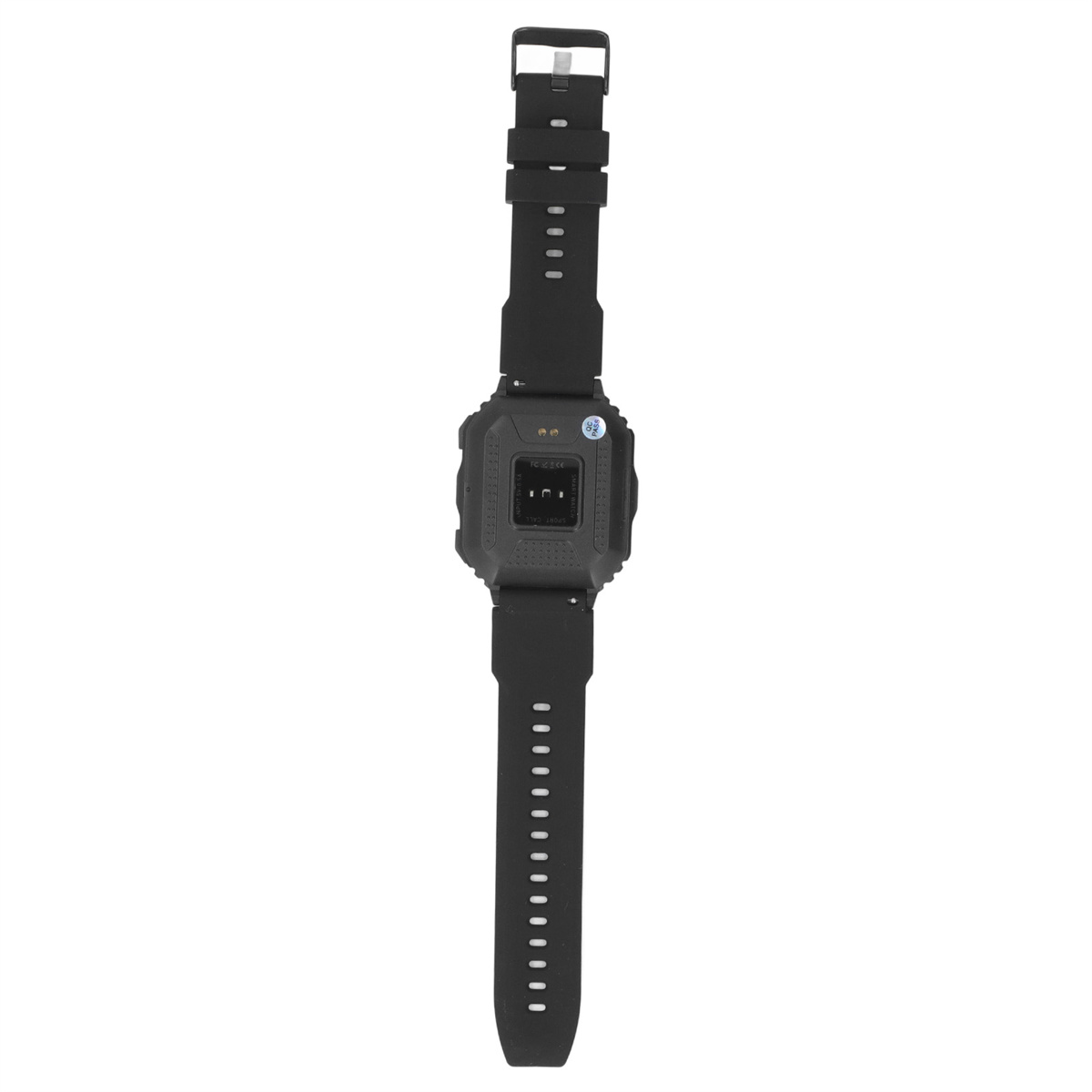 Schwarze Smartwatch, Draufsicht, zeigt die Rückseite des Geräts und das schwarze Armband.